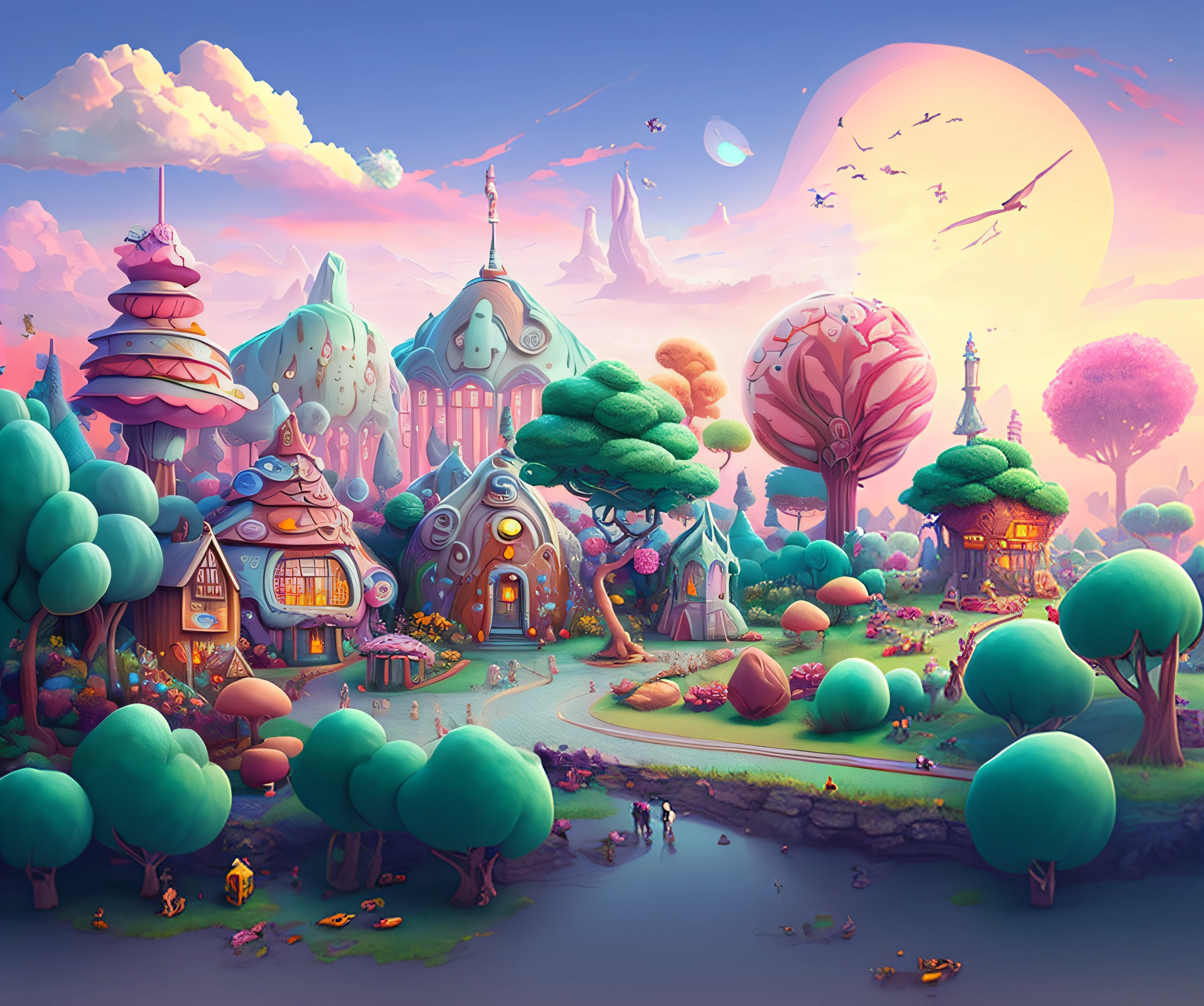 A painting of a fantasy village with many trees and houses, Fantasy City, whimsical fantasy landscape art, Arte de juego estilizado, Arte de fondo, Ilustraciones de fondo, A bustling magical town, Arte conceptual estilizado, fantasy matte painting，Lindo, en una casa estilo tierra de caramelos, Arte conceptual colorido, Bosque de dulces, Antecedentes de la ciudad, fantasy town setting, Antecedentes del juego
