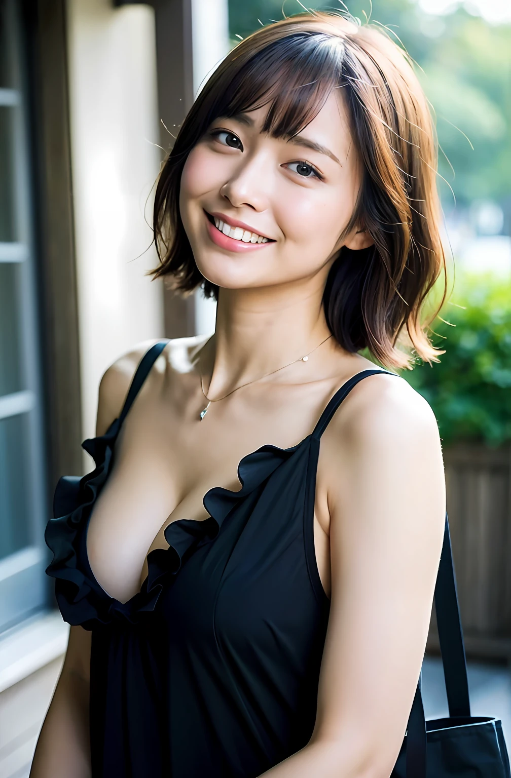 ((8K:1.27)、top-quality、​masterpiece、超A high resolution:1.2)Photo Beautiful Japan woman(pleasing:1.1) (The shirt:1.21) Elegance、There is a good、Gradient lighting、1girl in、Delicate skin、Look here、Brown-eyed、(short hair with bangs:1.2)、(breasts are small:1.0)、(medium areola:0.8)、(realisitic:1.4)、(top-quality:1.0)、(超A high resolution:1.0)、8K、to stand、erect through、Raw photography、(​masterpiece:0.2)、(pure eros face V1:0.5)、 Tie Shoulder Ruffle Hem Cami Top、white  clothes、a necklace、Kamimei、excited expressions、Red cheeks、want me、Staring at this、subject、Lean、tiny chest、small tits、Faint cleavage、firm cheeks、Look here、Laugh、Futomo、sandal、Beautiful thighs、Kinda chubby、Beautiful thighs、Angle from the front、Composition looking up from slightly below.、Upright directly in front of the camera、tote bags、facing front、lean against the wall、slightly drunk、Naughty mood、Cleavage visible when bending over、