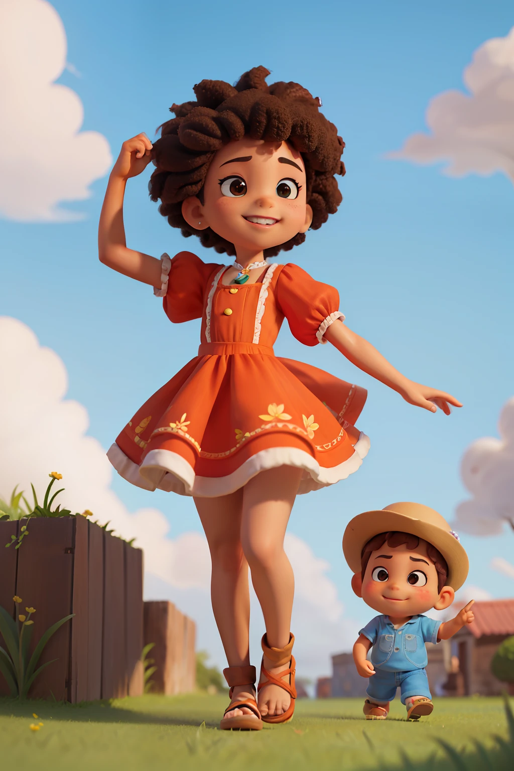 Chibi girl coffee color sunburned, feliz de 15 anos (marrom:1) afro: 1.25 Estilo Pixar: 1.25 afro: 2.40 (((sozinho))) cabelos cacheados: 2.3, (corpo inteiro: 2.32) vestindo vestido floral sapato preto,, Hair messed up by the wind, desenho animado sentada numa rua da cidade, arte digital detalhada bonito, painting digital adorable, Cartoon style illustration, stylized digital illustration, stunning digital illustration, bela arte digital, arte de pintura digital dos desenhos animados, pintura digital dos desenhos animados 3D, Beautiful digital illustration, Arte infantil em Artstation, detailed digital illustration, arte digital detalhada, digital illustation, exquisite digital illustration, 8k
