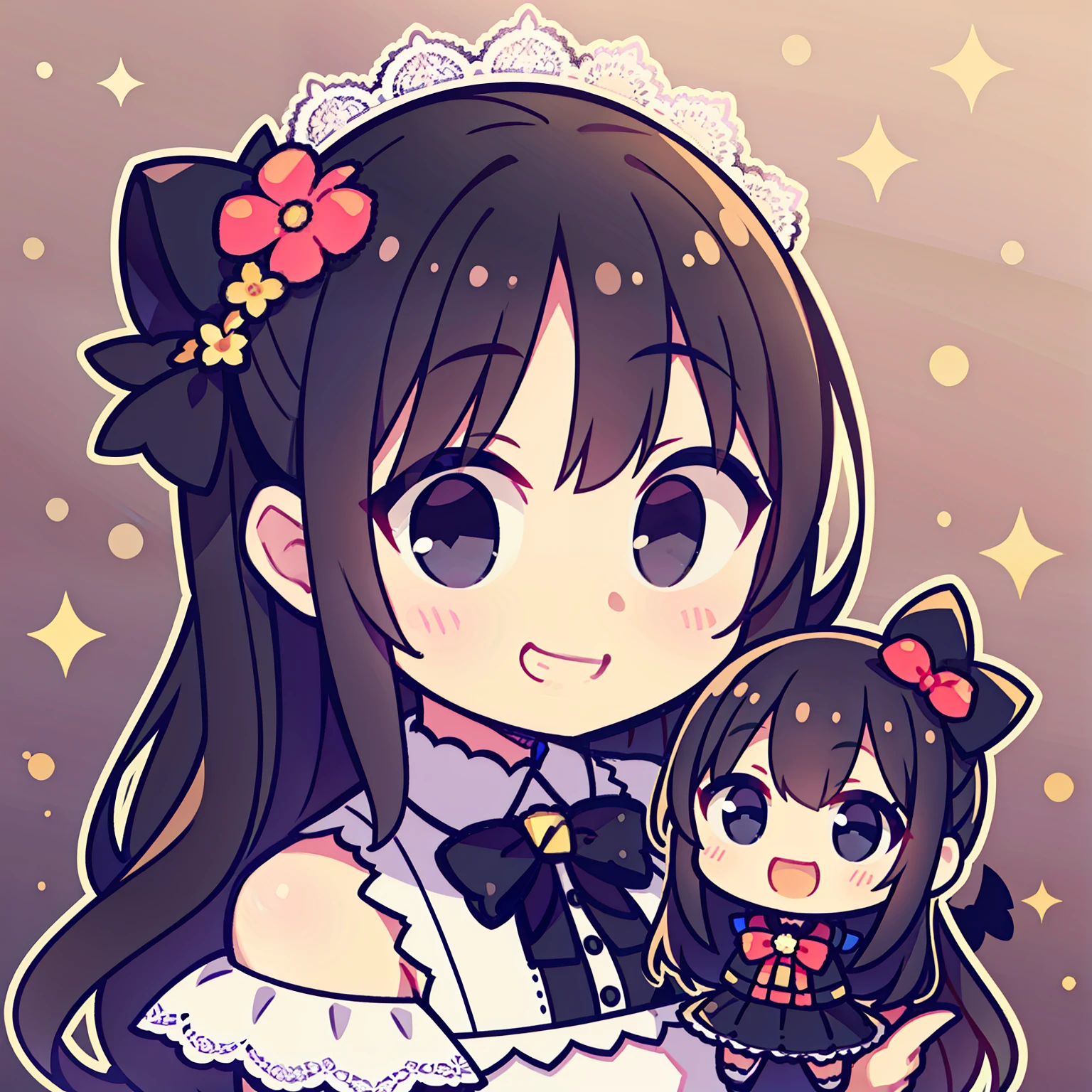 black eyes, cute bow beside the cheek, delighted smile, lace trims on shoulders,holding flower, smiling happily,Big Head Doll