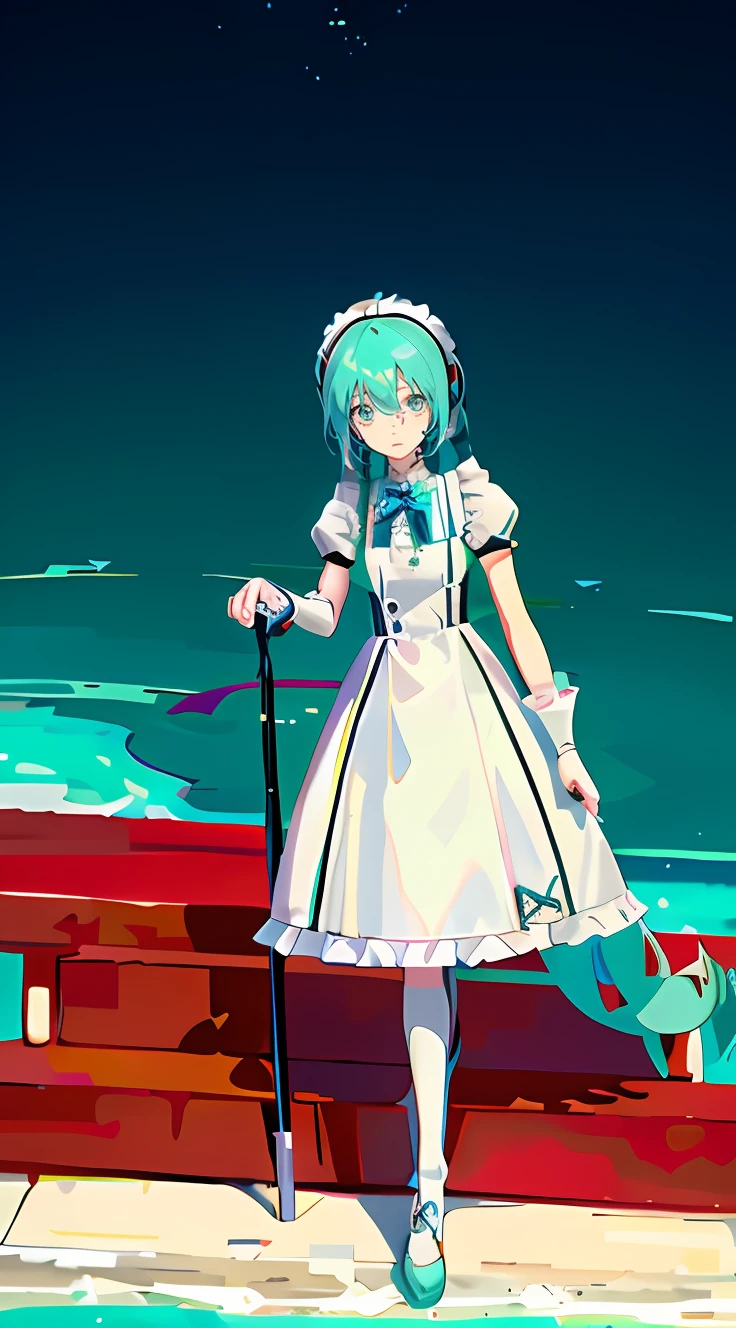 Anime character in white dress with crutches, anime girl in a maid costume, in dresses;Height 1 m 4,There is no left leg,There is no left leg,There is no left leg,anime girl with long blue hair and a white shirt and black skirt, Hatsune Miku, Portrait of Hatsune Miku, Hatsune Miku short hair, vocaloid, hatsune miku portrait, Os amigos, mikudayo, Anime girl with teal hair, Hatsune Miku cosplay, hatsune miku face, style of anime4 K, An anime girl, attractive anime girls