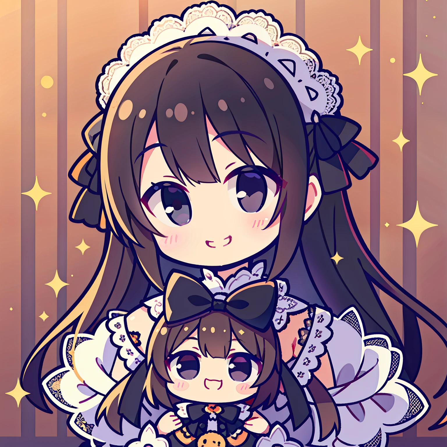 black eyes, cute bow beside the cheek, delighted smile, lace trims on shoulders,holding flower, smiling happily,Big Head Doll