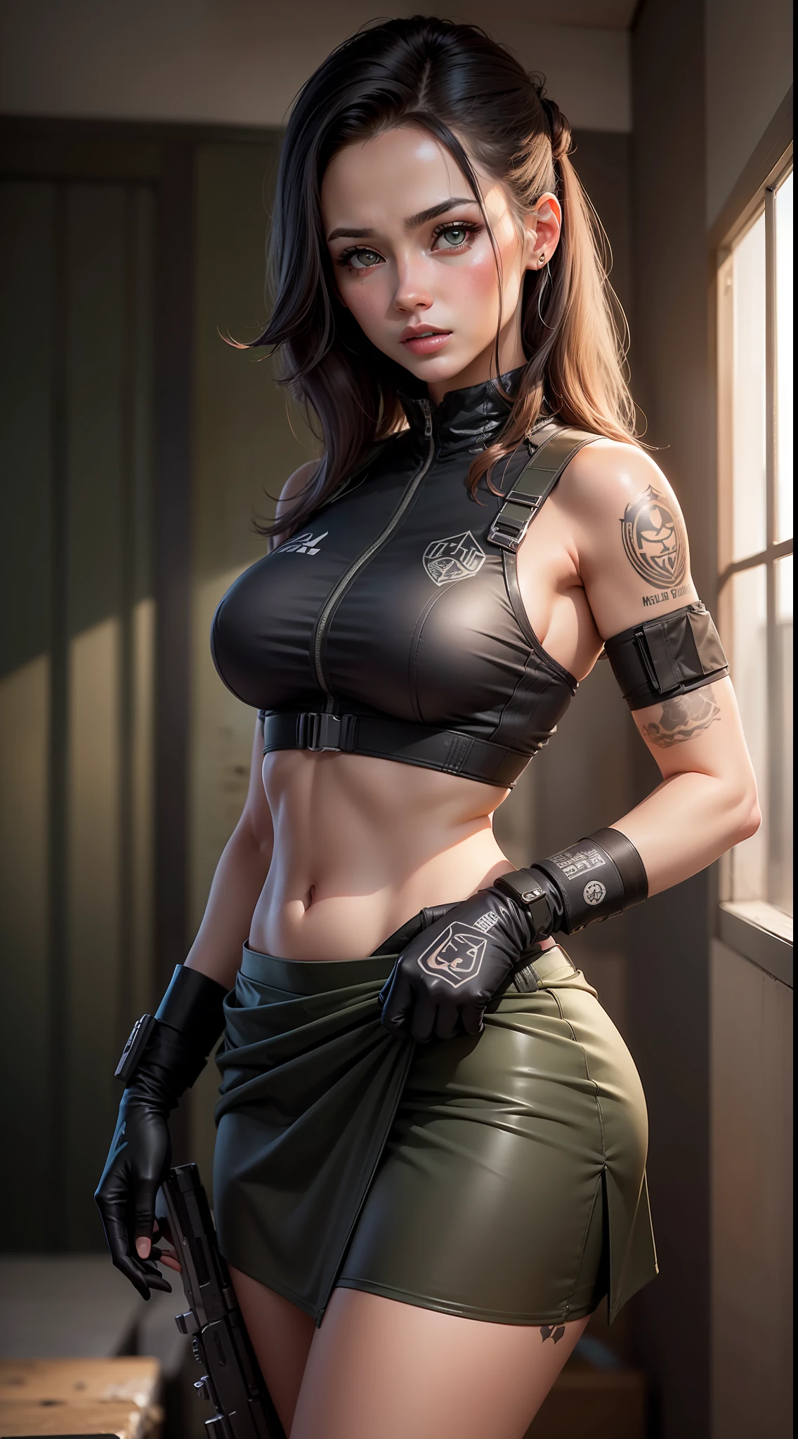 ((foto de corpo inteiro))((foto realista)) Tacticool, uma mulher, (colete: 1.2), militar, 8k, high-res, obra-prima, melhor qualidade, (headpe: 1.3), pele finamente detalhada, transparent black bra, tattoo, skirt.