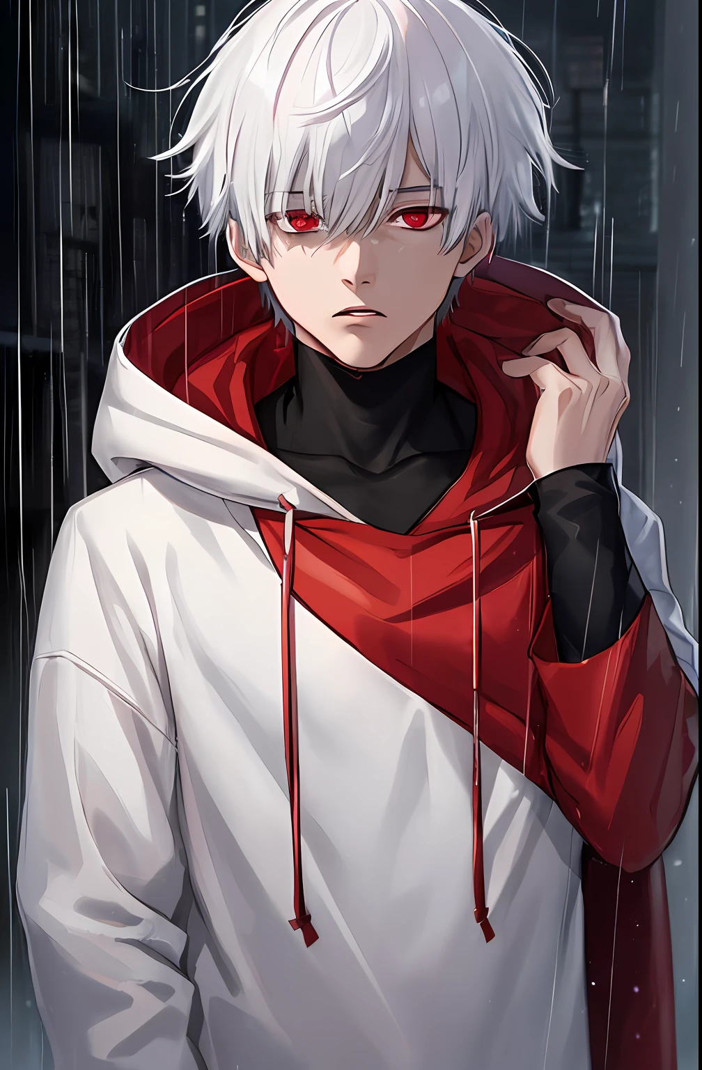 kk, best quality, more details, masterpiece, 1boy, kaneki ken, portrait, male focus, red eyes, solo, bangs, looking at viewer, hood, short hair, rain, tokyo tokyo \(city\),  hood up, nail polish, white hair, luxurious, 8k, detailed, ray tracing, depth of field, cinematic lighting,