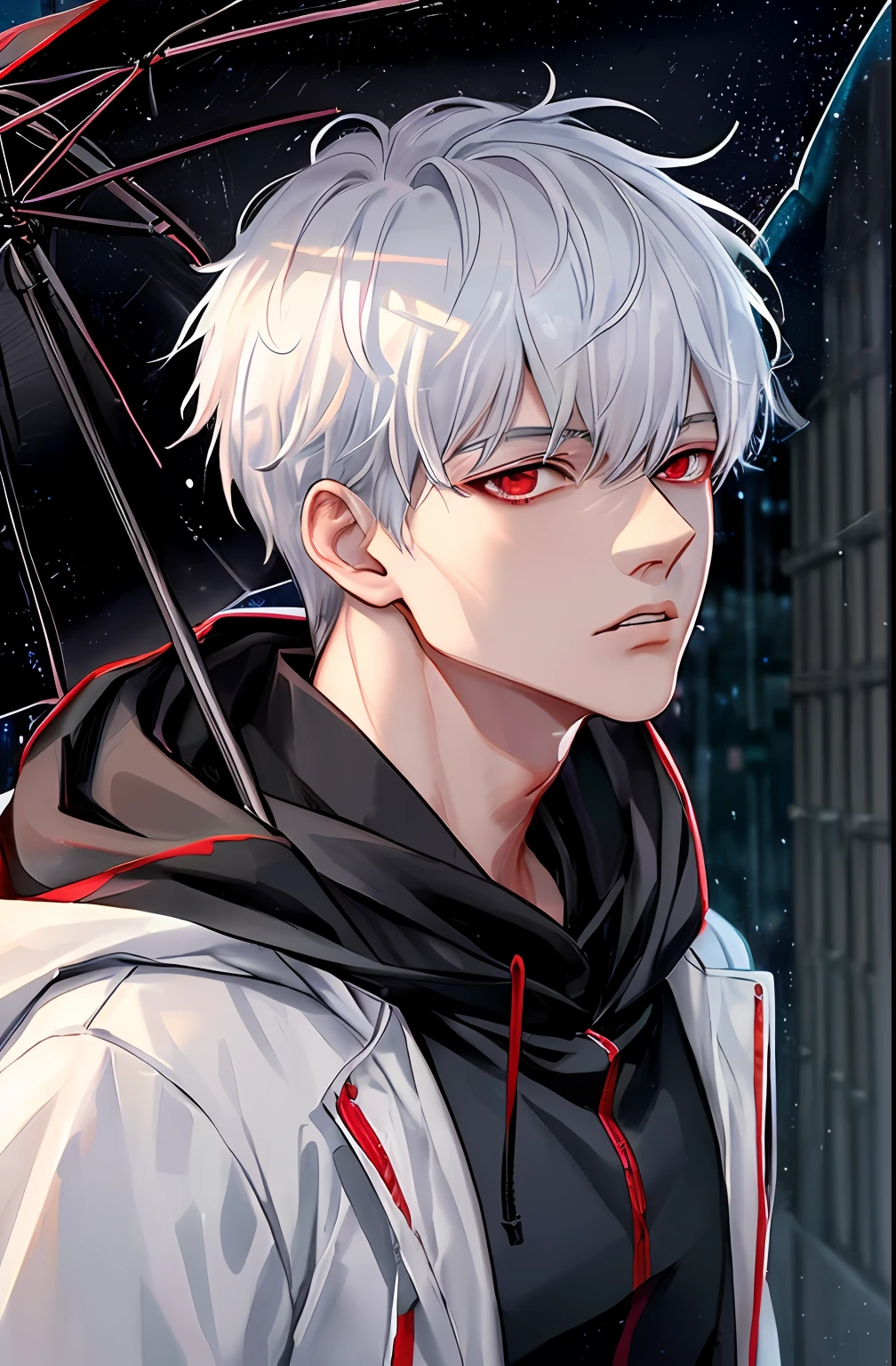 kk, best quality, more details, masterpiece, 1boy, kaneki ken, portrait, male focus, red eyes, solo, bangs, looking at viewer, hood, short hair, rain, tokyo tokyo \(city\), hood up, nail polish, white hair, luxurious, 8k, detailed, ray tracing, depth of field, cinematic lighting,