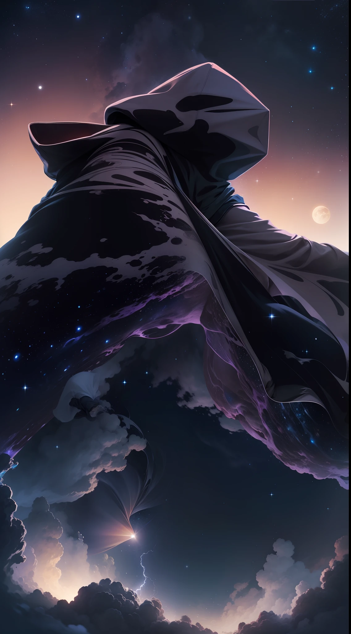 silhueta preto, a man on his back in a hooded robe flying over the earth at night, universo, noite