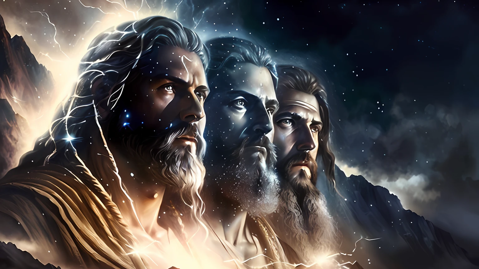 a couple of men standing next to each other on a mountain, biblical epic movie, mitologia, epic scene of zeus, dramatic artwork, deuses antigos, Deuses gregos, drew struzan tomasz alen kopera, Mito grego pintura digital, Artwork by Drew Struzan, arte estilo drew struzan, Retrato pintado de Zeus acidentado, Godrays Pintura Digital