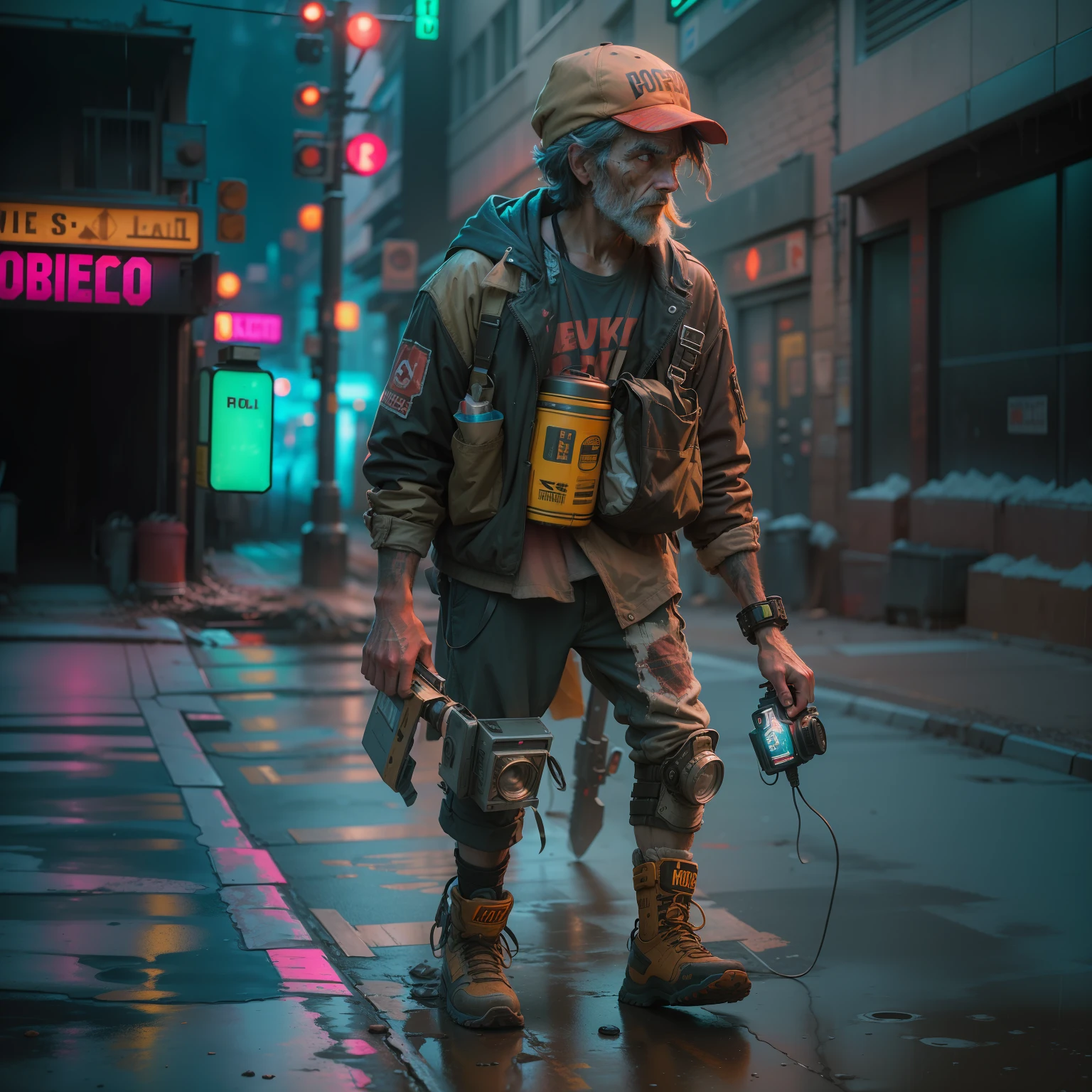 Kodak Portra 160mm photo, of a post apocalyptic homeless with a half robot photo in a neon lit a sidewalk , he was walking down the street in the red rain, highly detailed, intricate, realistic
