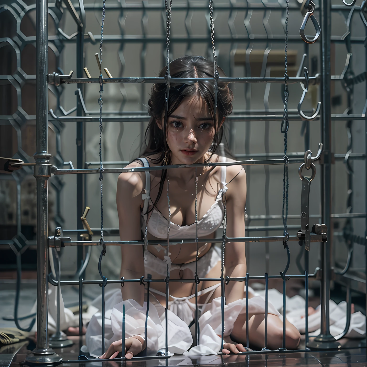 jail cell,There are handcuffs and leg irons on the floor,All kinds of torture instruments,Hands are tied at will,Crying in despair,Sexy standing pose,Random white sexy lingerie,Full body portrait 1.1,18 years old girls,lean and slender body,Skinny,Smaller bust,The barefoot,Leaky ,Leakage of all breasts,Naked all over the body,facing to audience,Resident Evil