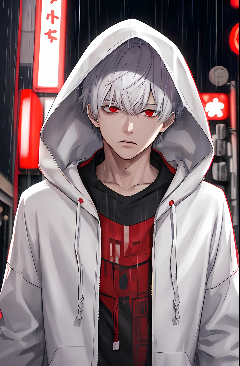 kk, best quality, more details, masterpiece, 1boy, kaneki ken, portrait, male focus, red eyes, solo, bangs, looking at viewer, hood, short hair, rain, tokyo tokyo \(city\), hood up, nail polish, white hair, luxurious, 8k, detailed, ray tracing, depth of field, cinematic lighting,