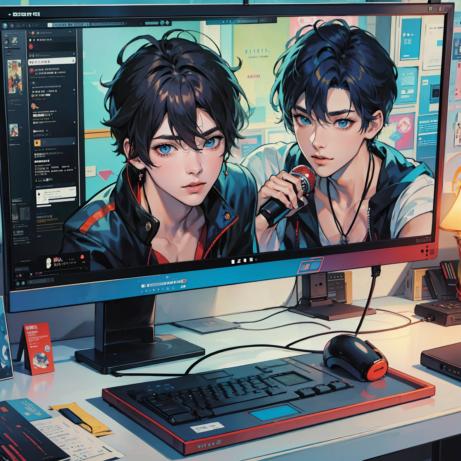 Anime boy calls to talk, ig studios anime style, nightcore, style of anime4 K, High quality anime art style, Anime boy, young anime man, Anime art style, Digital anime illustration, Anime style. 8K, in an anime style, male anime character, Kawasi，best qualtiy：1.0），（超高分辨率：1.0），Anime boys，with short black hair，blue color eyes，sitting in front of the computer，Speak into the microphone，The background is in the esports room，Earphone，The head is close to the microphone,8K，Faraway view