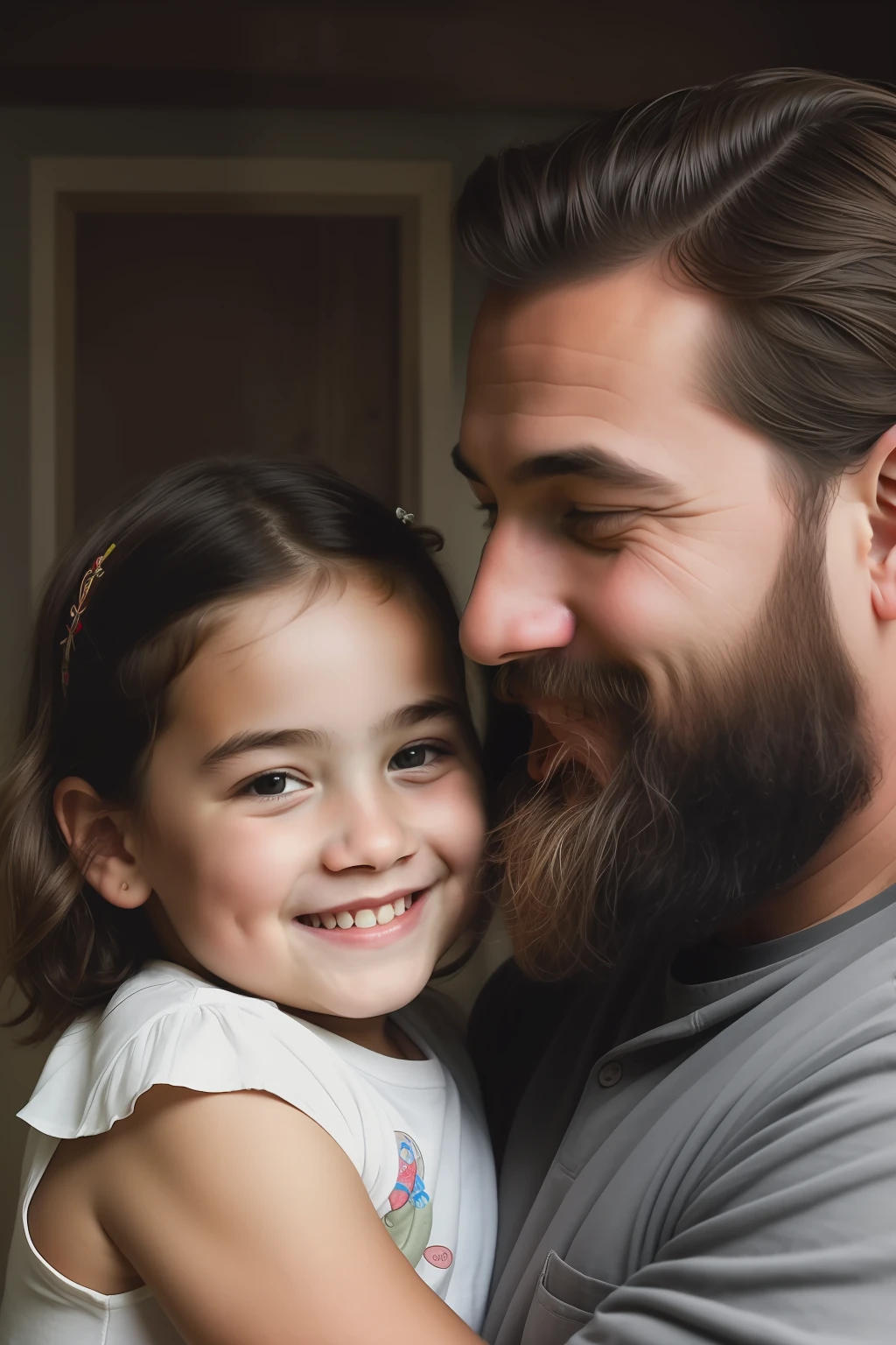 ((best quality)), ((masterpiece)), ((realistic cartoon)), ((perfect character)) - A heartwarming portrait capturing the love between a father and his two children, a daughter and a son. The father, with a lumberjack-style beard and military-style brown hair, embraces his little ones with affection. The daughter, approximately 3 , and the son, around 10 years press joy and happiness as they share a loving moment with their father. The image is meticulously detailed, rendered in UHD resolution with stunning realism, allowing every emotion and feature to shine through in this touching portrayal of a father and his children.