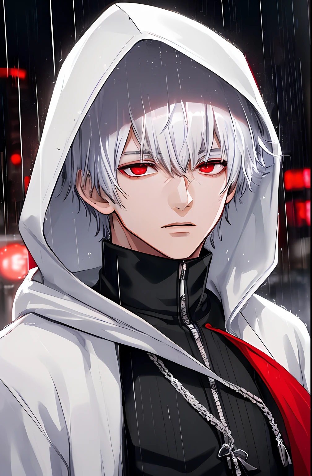 kk, best quality, more details, masterpiece, 1boy, kaneki ken, portrait, male focus, red eyes, solo, bangs, looking at viewer, hood, short hair, rain, tokyo tokyo \(city\), hood up, nail polish, white hair, luxurious, 8k, detailed, ray tracing, depth of field, cinematic lighting,