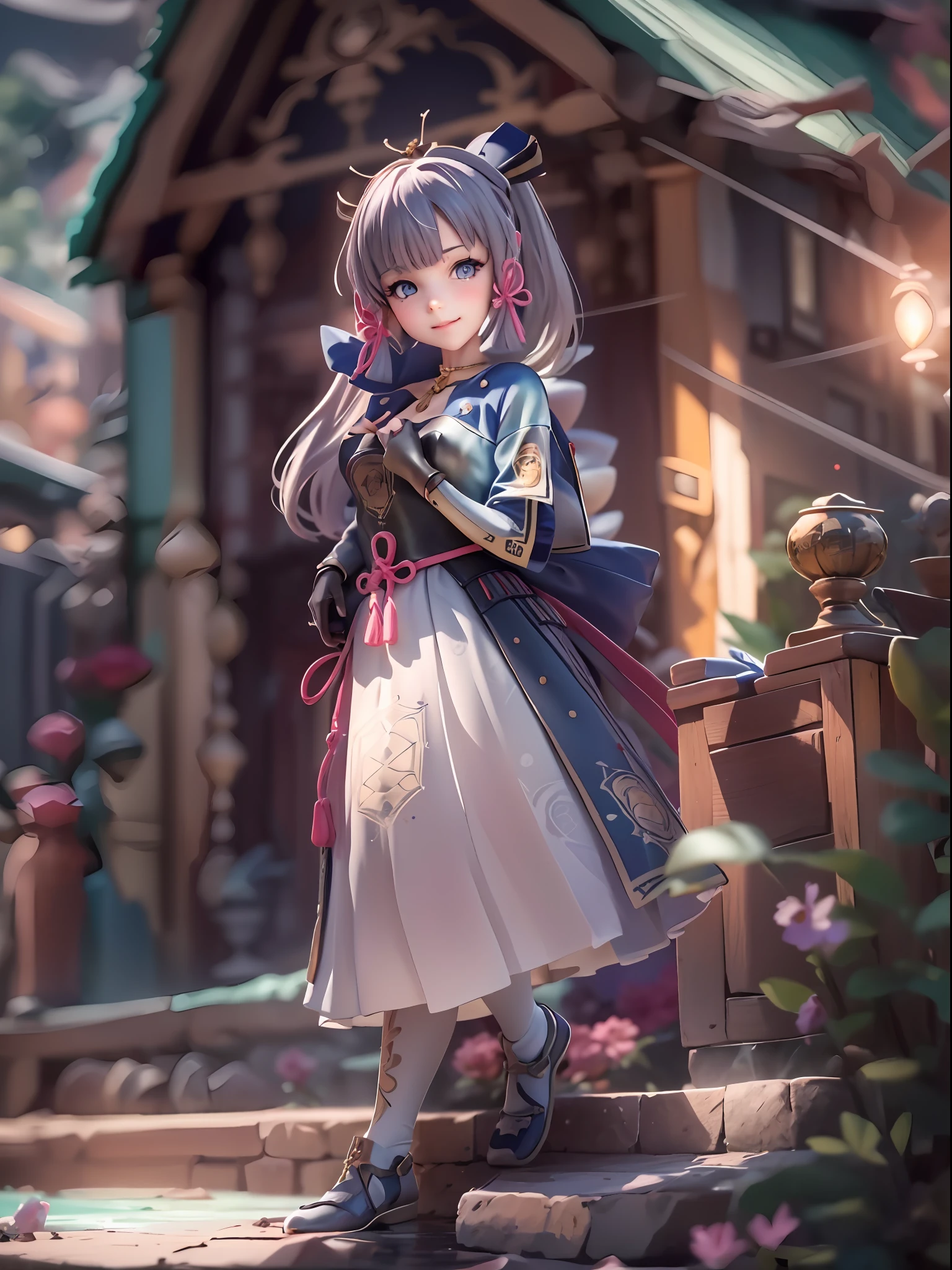 (Blind box toy style:1.2), (Full body shot) (((masterpiece))), 4k res, highly detailed, (((extremely detailed eyes))), detailed background, cinematic lighting, crystal clear eyes, high quality, highres, ultra-detailed, 8k, best quality, 1girl, solo, shadow, backlighting, light particles, Thick Eyelashes, Wide Sleeve, thick thighs, (masterpiece:1.3), (the best quality:1.2), (super fine illustrations:1.2), (Masterpiece), high quality, high detail,(SOLO:1.4),((round image)), whole body, 1girl, kamisato ayaka, smile, blush, closed mouth, cryokinesis, black gloves, thick, arms behind back, hands on hips, hands on own chest, village background, ( Global illumination, Ray traching, hdr, unreal render,reasonable design, high detal, Masterpiece, Best quality, hyper HD, Cinematic lighting)