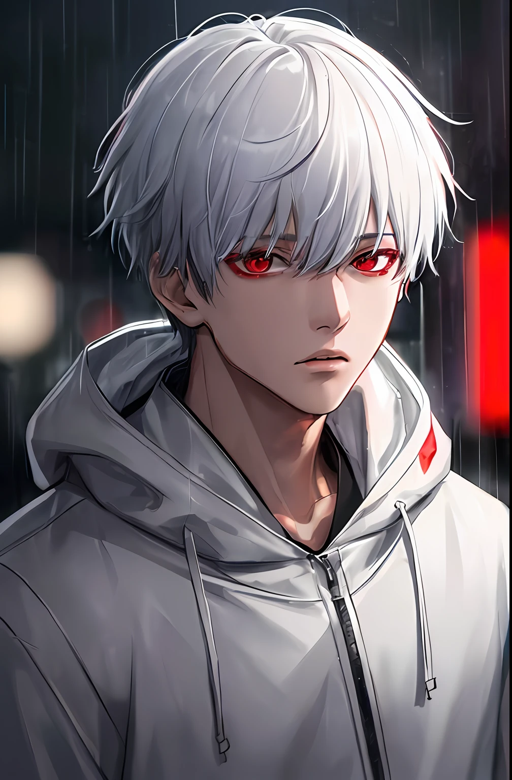 kk, best quality, more details, masterpiece, 1boy, kaneki ken, portrait, male focus, red eyes, solo, bangs, looking at viewer, hood, short hair, rain, tokyo tokyo \(city\),  hood up, nail polish, white hair, luxurious, 8k, detailed, ray tracing, depth of field, cinematic lighting,