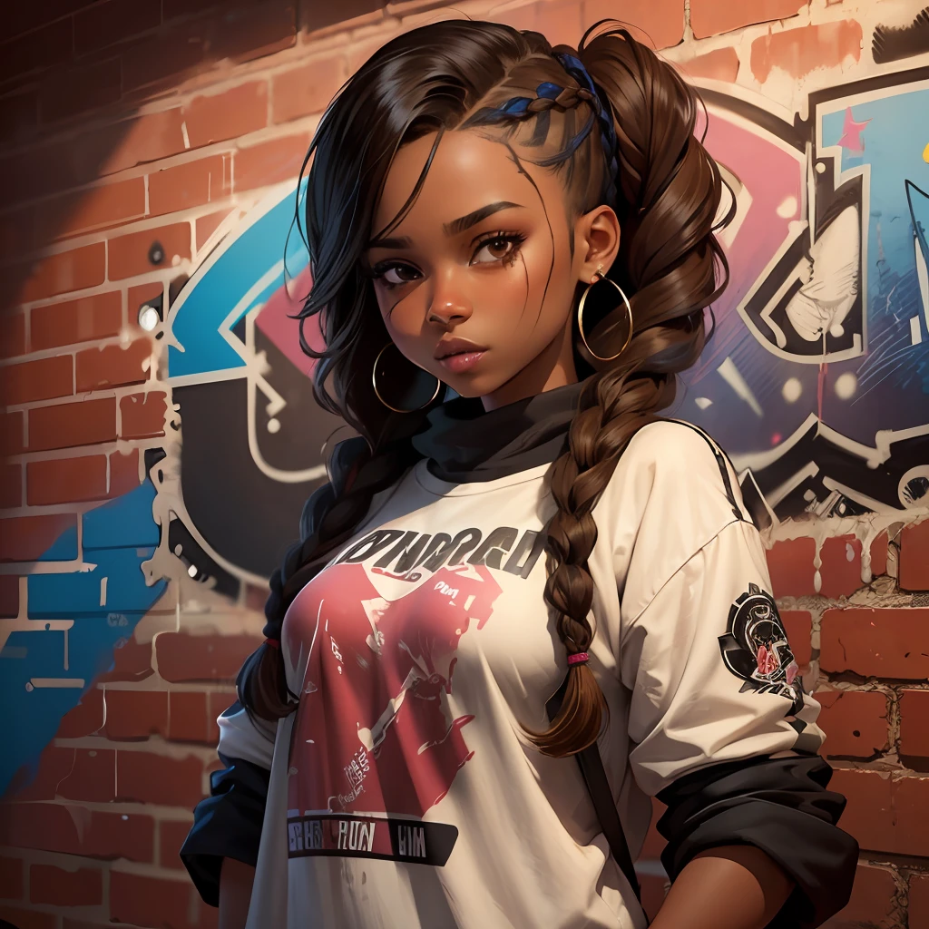 Trendy girl,brown skin tone,Dirty braids,There is a brick wall,With graffiti as a background,Colorful graffiti,Game style,tmasterpiece,8K,Full of details,Textured skin