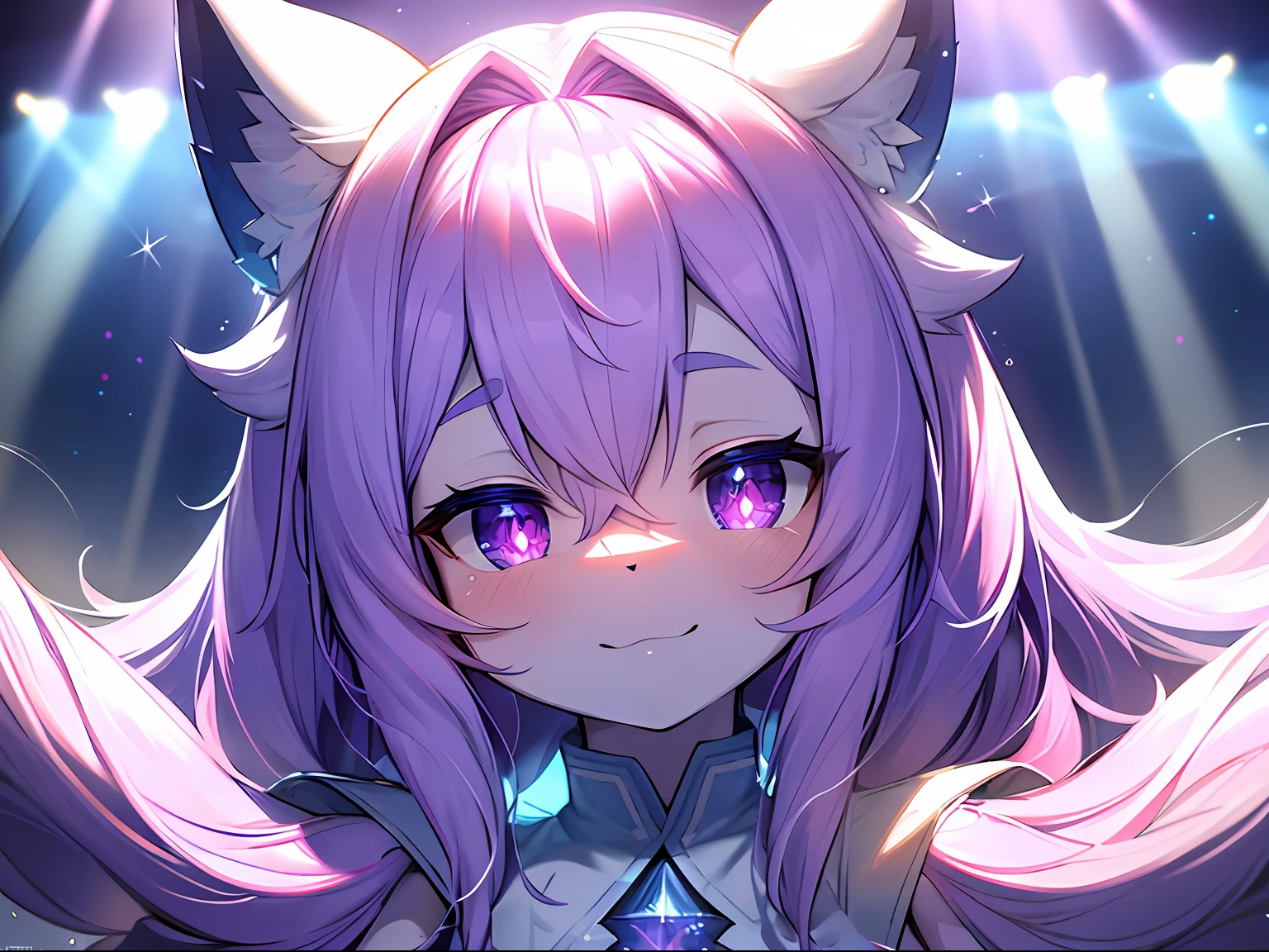 hairy pubic,White fur,hyper cute face,rays of sunshine,Sparkling blue-pink elements on the fur,Glowing purple pupils,ambient lights,volumettic light,Super beautiful light and shadow,Ultra-delicate hair,masterpiece level work