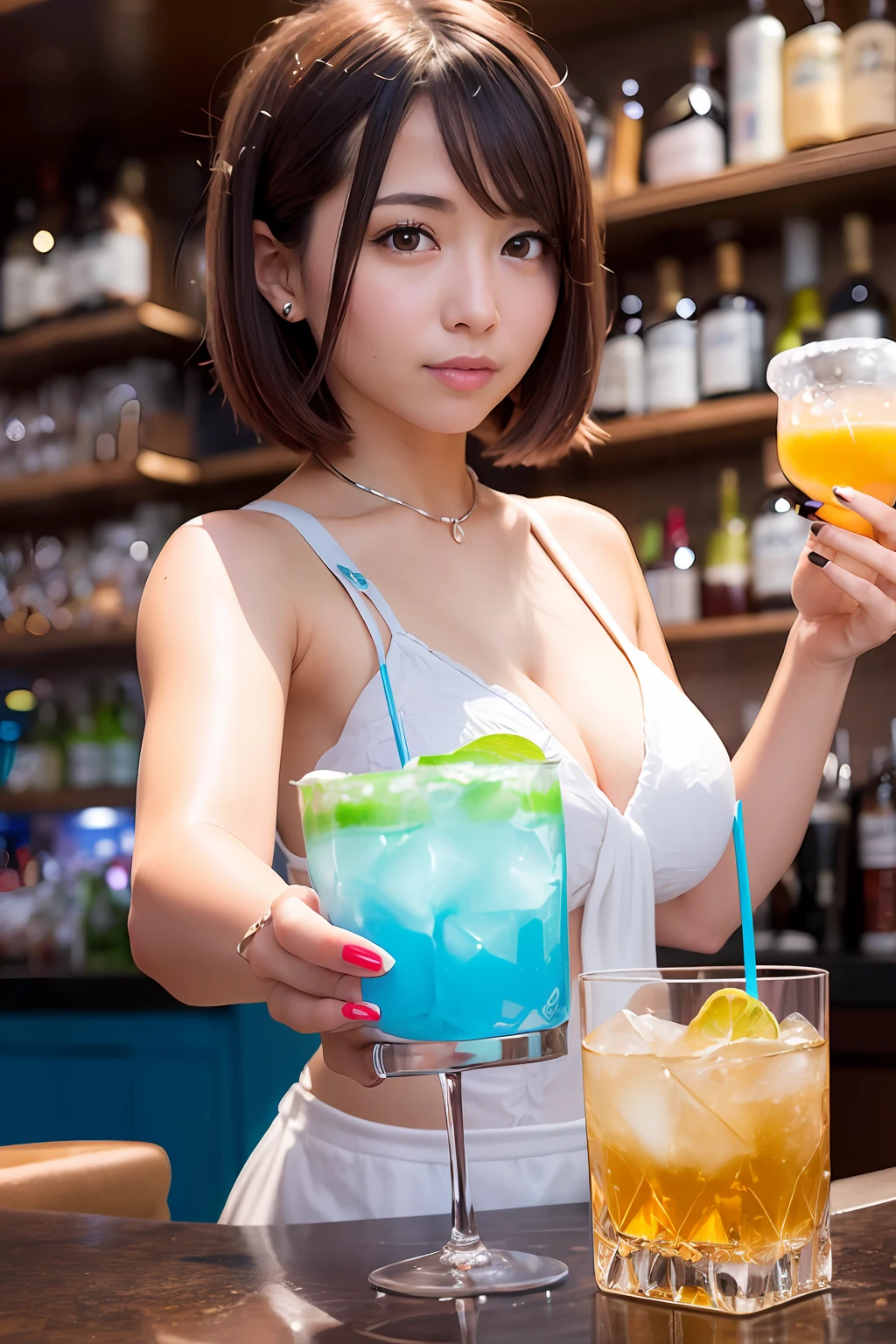 (Female bartender serving beautiful cocktails at dimly lit bar counter,),(( White and black bartender uniform,))、Japan Idol Girl、A smile、(Reddish brown straight bob cut hair、hair pin)、huge-breasted、(((Pour the ice cubes into a shiny glass container,、Enjoy a colorful blue cocktail inspired by summer,))),Beautiful fingers,Beautiful fingertips,gazing at viewer、