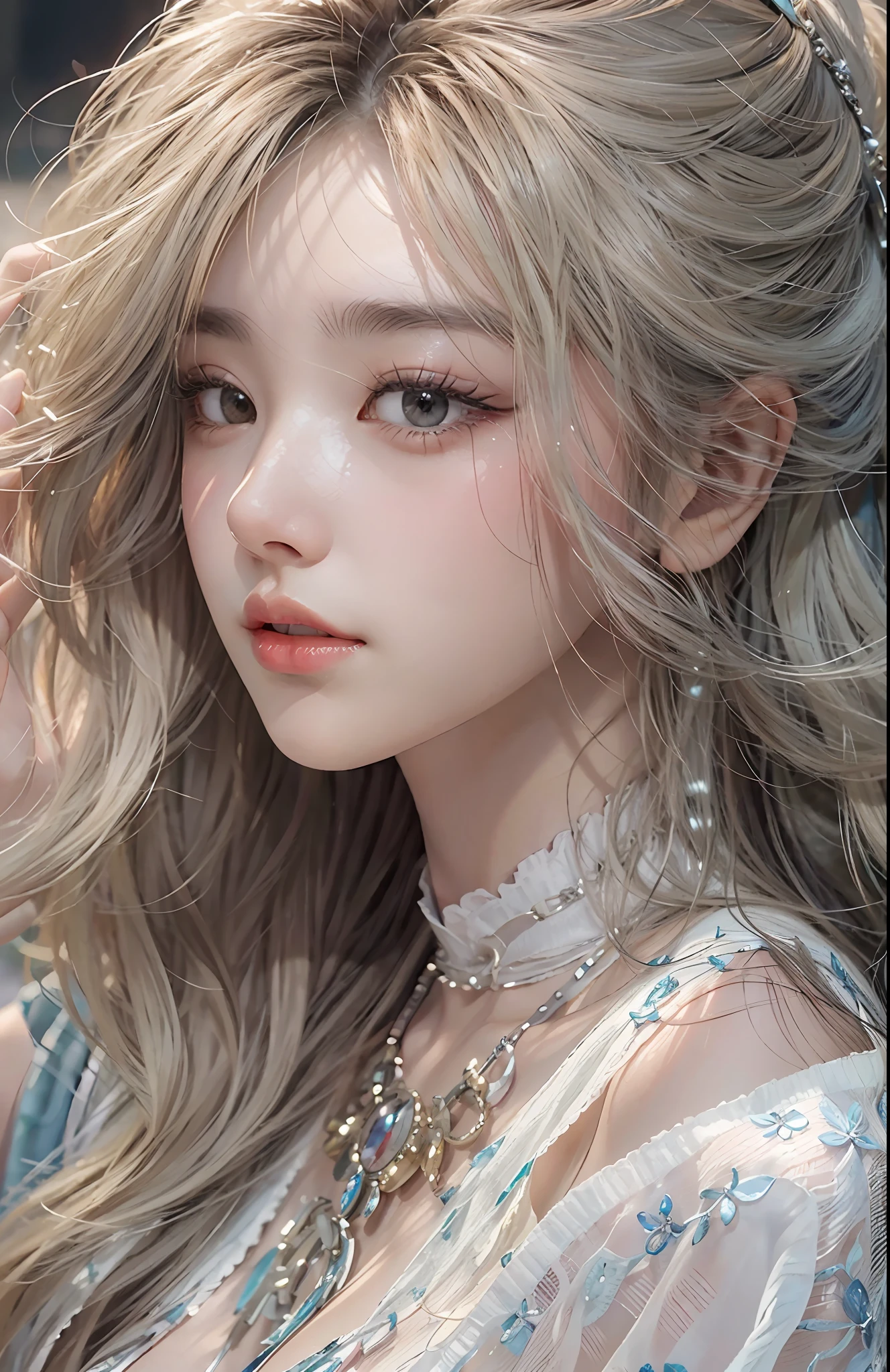 (Hyper-realistic) , (illustratio), (Increase the resolution), (8K), （RAW photos，best qualtiy），（realisticlying，photograph realistic：1.3），best qualtiy，highly  detailed，tmasterpiece，Hyper-detailing，( wallpaper), (详细的脸), 独奏,1个Giant Breast Girl, looking at viewert，The upper part of the body，dynamic angle，Masterpiece Theatre of the World，Long messy hair，best qualtiy，extremely detailed CG unity 8k wal，ssmile,long whitr hair，Black shawl straight hair，46 points oblique bangs