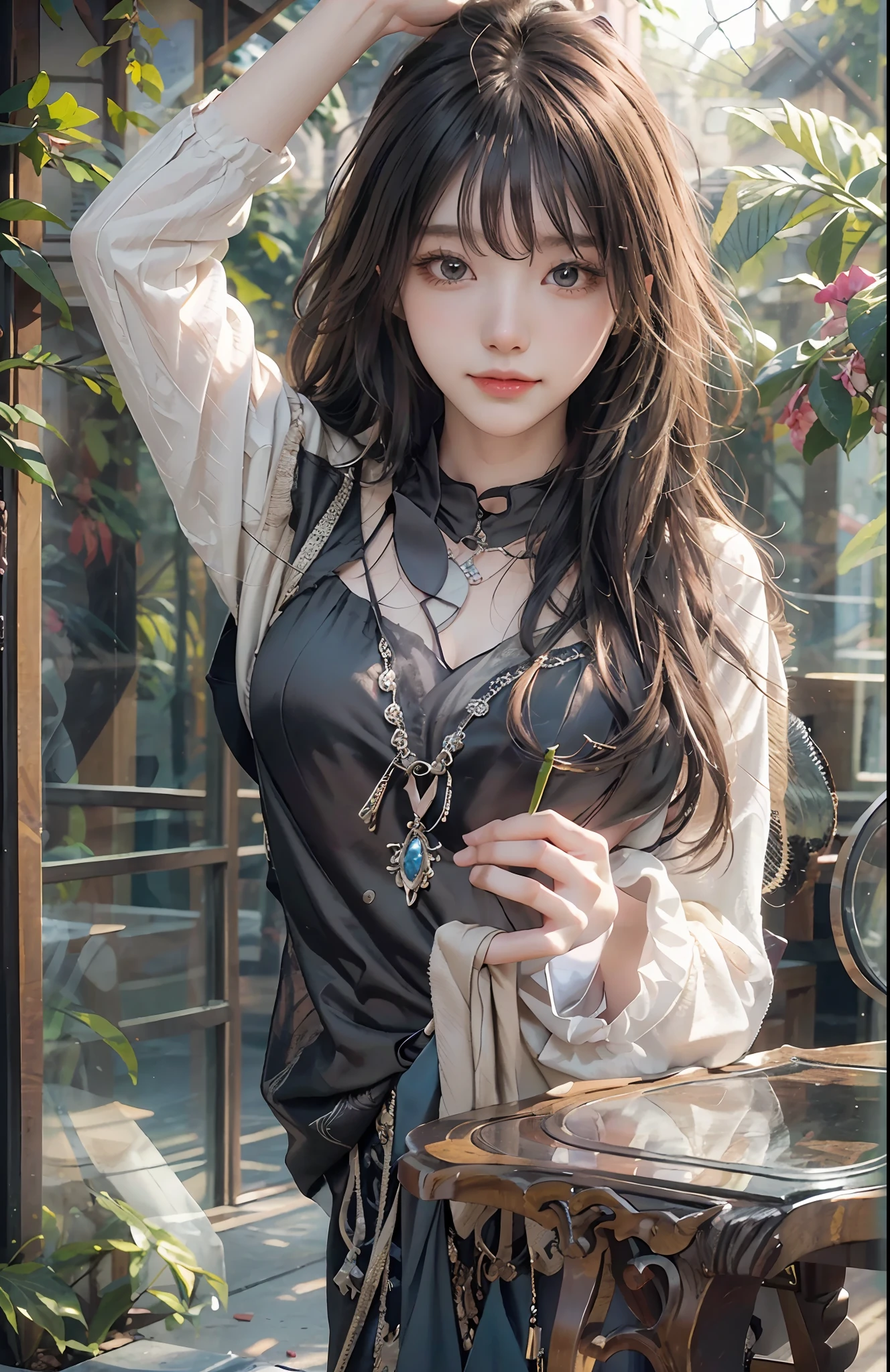 (Hyper-realistic) , (illustratio), (Increase the resolution), (8K), (RAW photos,best qualtiy),(realisticlying,photograph realistic:1.3),best qualtiy,highly detailed,tmasterpiece,Hyper-detailing,( wallpaper), (详细的脸), 独奏,1个Giant Breast Girl, looking at viewert,The upper part of the body,dynamic angle,Masterpiece Theatre of the World,Long messy hair,best qualtiy,extremely detailed CG unity 8k wal,ssmile,long whitr hair,Black shawl straight hair,46 points oblique bangs