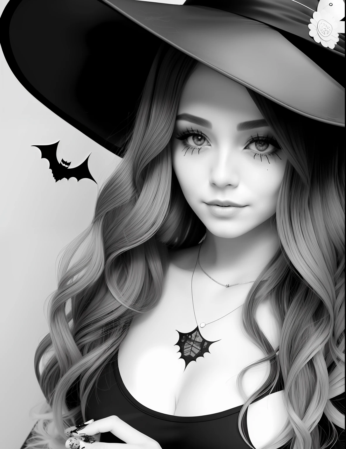 A coloring page with a girl and a cat in a Halloween scene, beautiful witch spooky female, line art colouring page, Retrato de uma jovem bruxa, Bruxa bonita com cabelo longo, black and white coloring, beautiful witch female, coloring book outline, Retrato de uma jovem bruxa, bruxa feminina bonita, clean coloring book page, bela arte de linha, arte vetorial em preto e branco