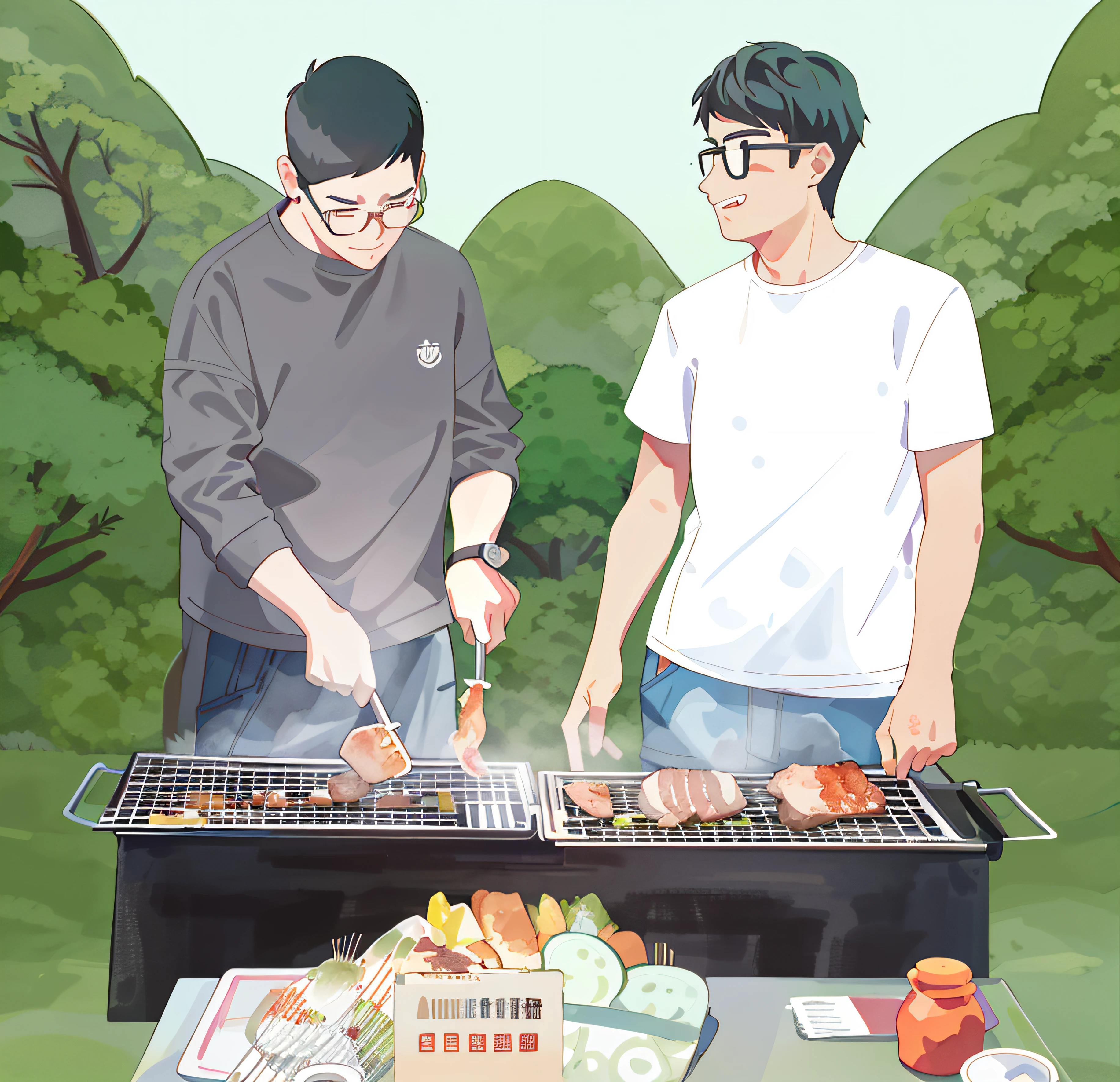 There are two people grilling meat on the grill in the park,  illustration line art style, Grill, Cooking, cooking it up, Detailed 2D illustration, Watercolor illustration style, National tide illustration style, barbecuing chewing gum, accurate illustration, line art illustration, yiqiang and shurakrgt, Outdoor picnics