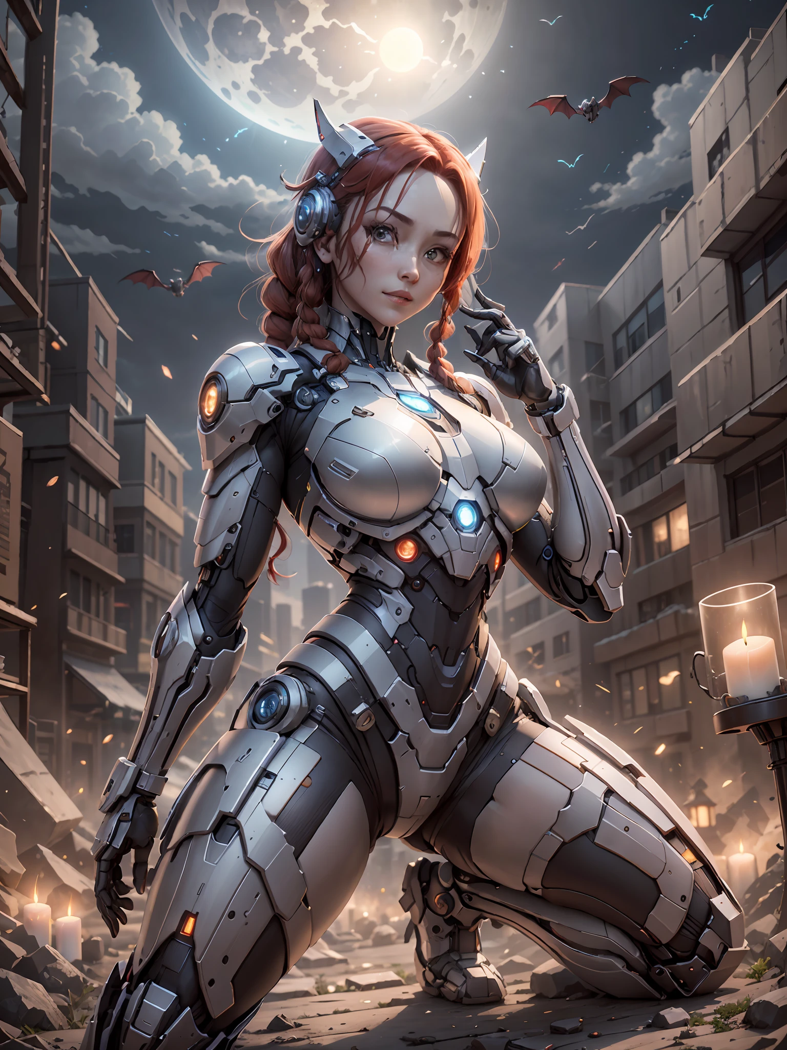 (Best Quality)), ((Masterpiece)), (Very Detailed: 1.3), 3D, Beautiful cyberpunk woman, Iron Man cosplay, sci-fi technology, HDR (High Dynamic Range), ray tracing, nvidia RTX, super resolution, unreal 5, subsurface scattering, PBR texture, post-processing, anisotropic filtering, depth of field, maximum sharpness and sharpness, multi-layer texture, specular and albedo mapping, surface shading, accurate simulation of light-material interactions, perfect proportions, octane rendering, duotone lighting, low ISO, white balance, rule of thirds, wide aperture, 8K RAW, high efficiency subpixels, subpixel convolution, light particles, light scattering, Tyndall effect, very sexy bikini, full body, battle pose, red hair with braids, bats in the sky notuno, full moon, candle light,