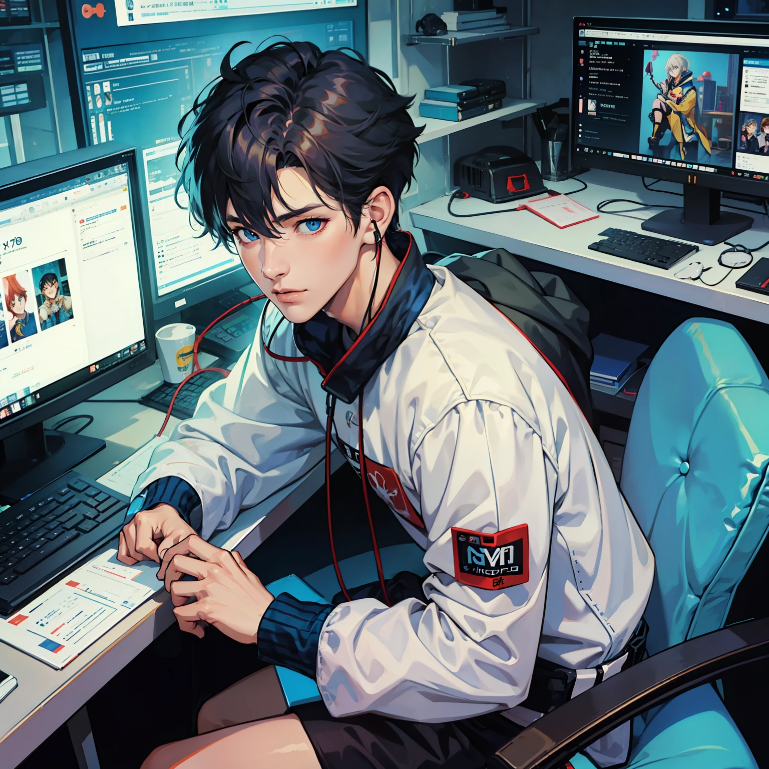 Anime boy calls to talk, ig studios anime style, nightcore, style of anime4 K, High quality anime art style, Anime boy, young anime man, Anime art style, Digital anime illustration, Anime style. 8K, in an anime style, male anime character, Kawasi,best qualtiy:1.0),(超高分辨率:1.0),Anime boys,with short black hair,blue color eyes,sitting in front of the computer,Speak into the microphone,The background is in the esports room,Earphone,The head is close to the microphone,8K,Faraway view