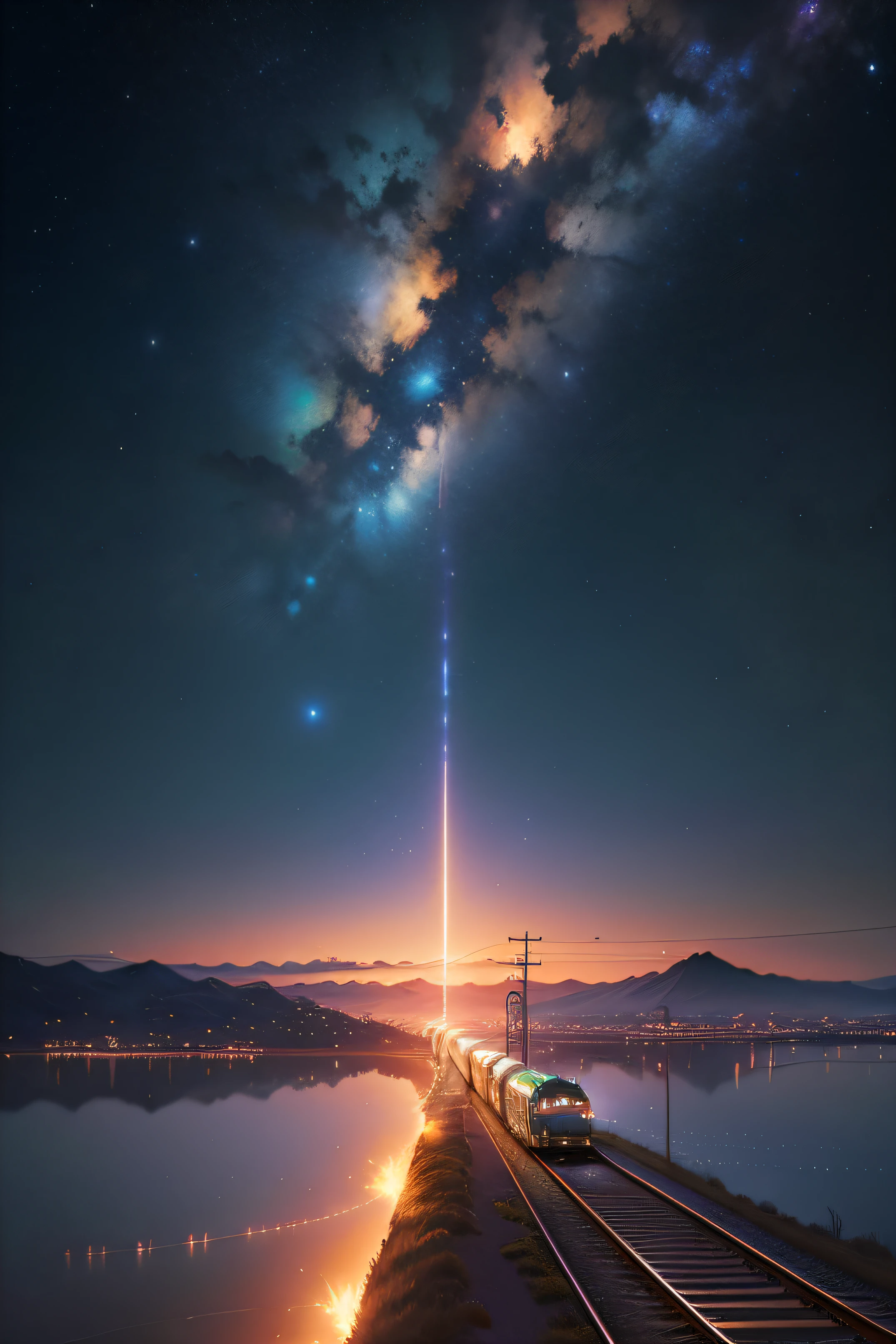 There is a train running through the galaxy，Makoto Shinkai's concept art，tumblr，magic realism，beautiful anime scenes，Cosmos Sky。 by makoto shinkai, ( ( makoto shinkai ) ), Anime background art, anime backgrounds, Makoto Shinkai's style, anime movie backgrounds, the milky way express，without humans。
