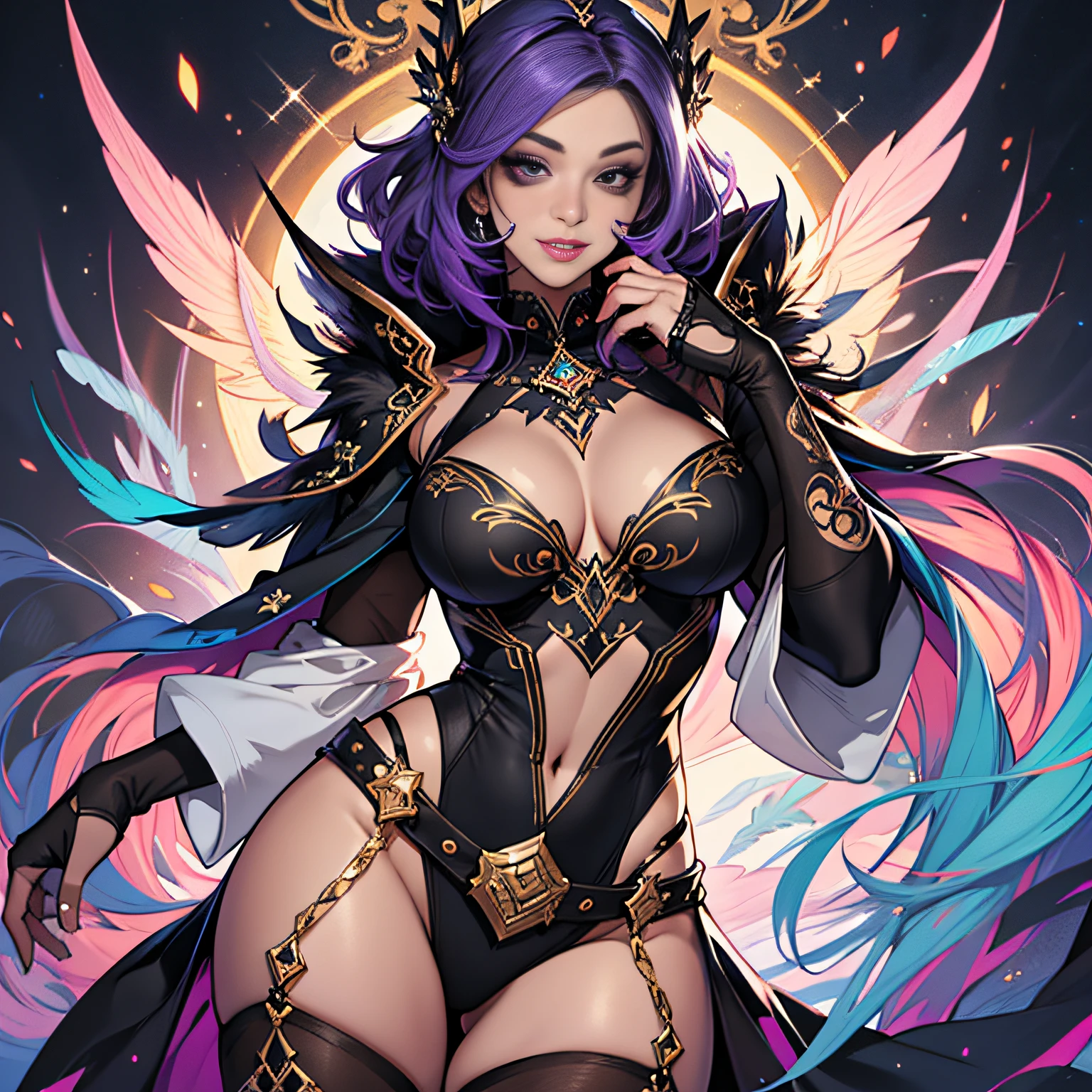 Woman with purple hair and colorful feathers, colorful digital fantasy art, colorful digital art, fantasy art style, beautiful digital artwork, 4K very detailed digital art, big breasts showing a little bit, big eyes, light smile, 8k, very fine face, delicate lips, delicate eyes, double eyelids, thick dark black eye liner, thick pouty lips, very thin clothing