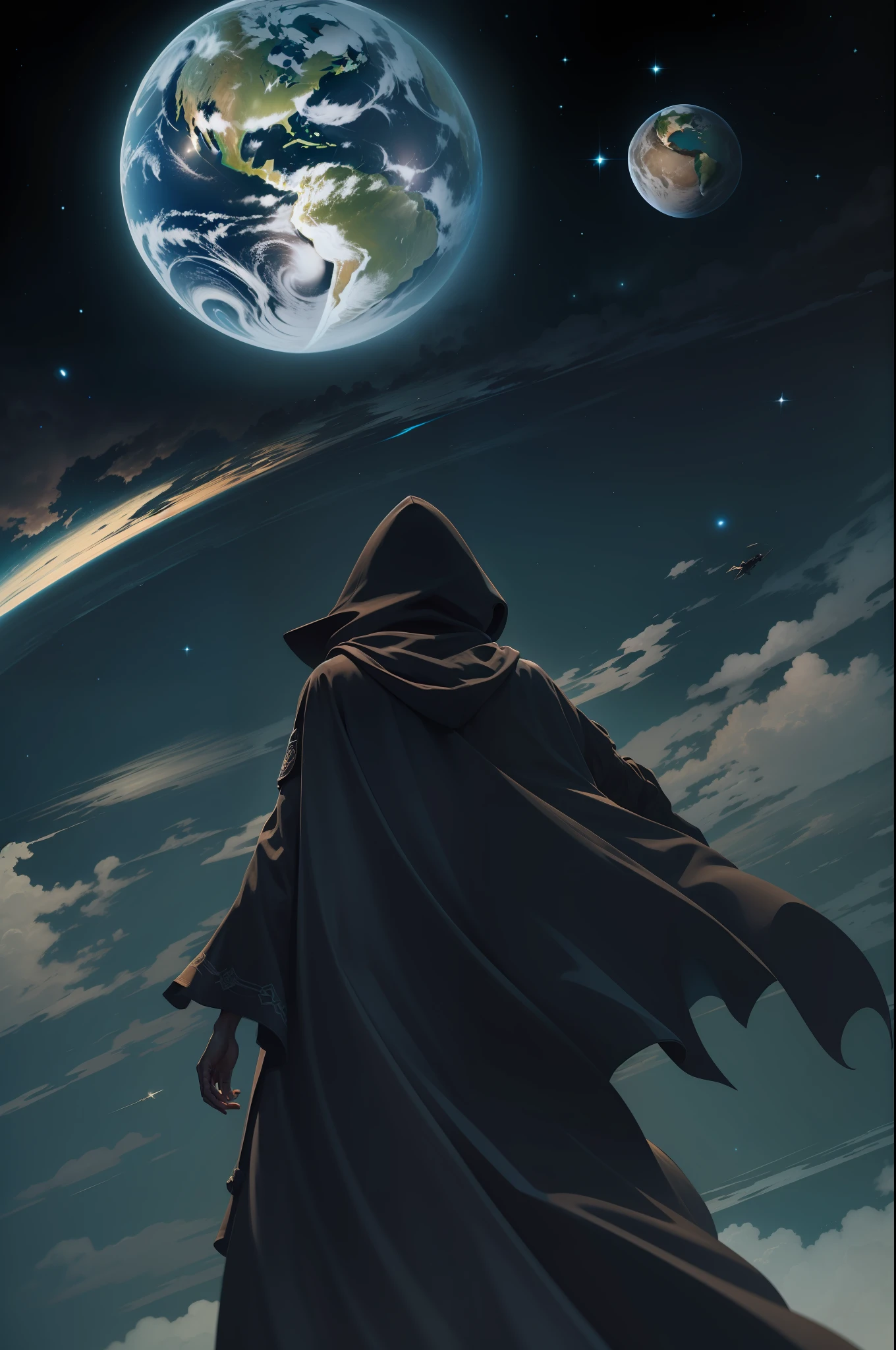 silhueta preto, a man on his back in a hooded robe flying over the earth at night, universo, noite