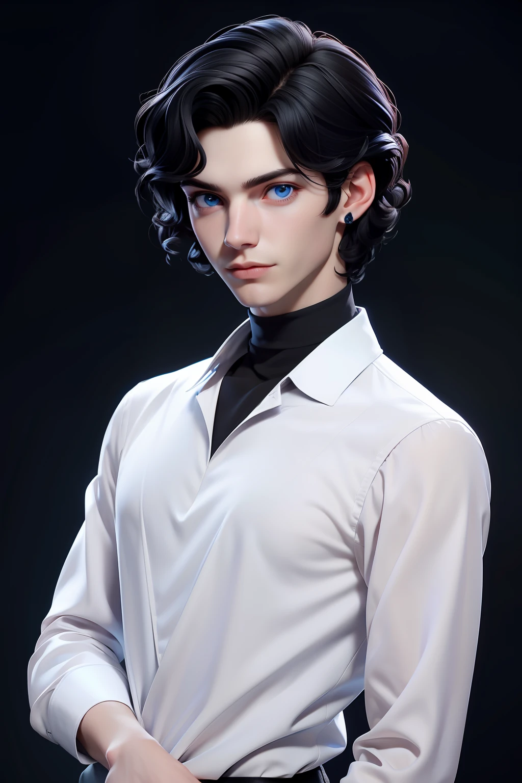 masterpiece, best quality, 1boy, blue eyes, pale skin, dark black hair, Wavy hair, short hair, earrings, turtleneck, long shirt, simple background, solo, upper body