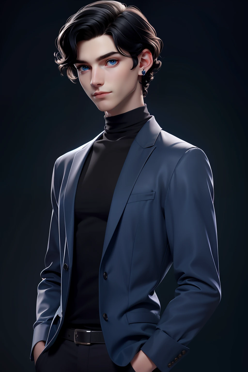 masterpiece, best quality, 1boy, blue eyes, pale skin, dark black hair, Wavy hair, short hair, earrings, turtleneck, long shirt, simple background, solo, upper body
