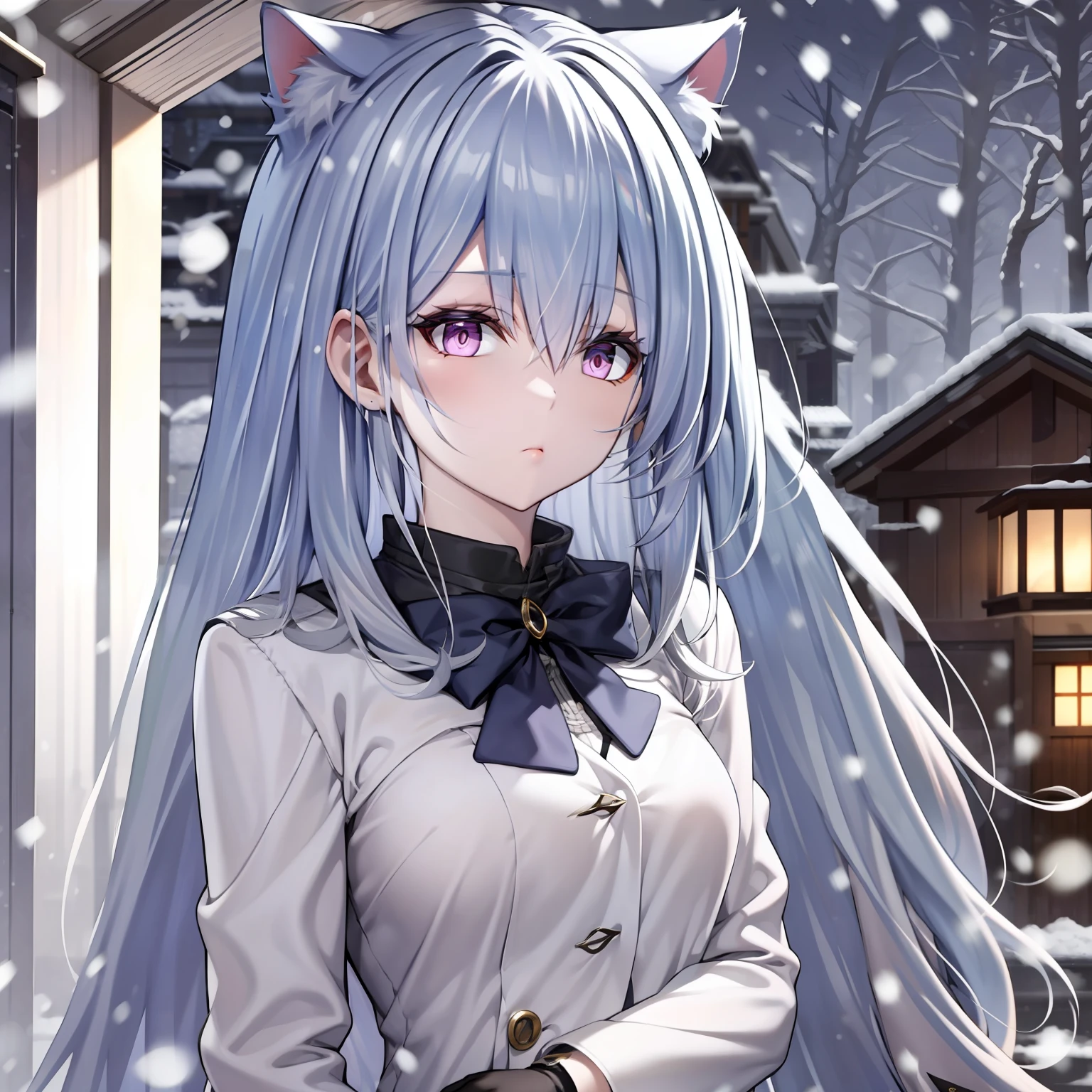 Girls, white  hair,cat ears, jacket black and white, armband blue,school, night time,snowing, gloves