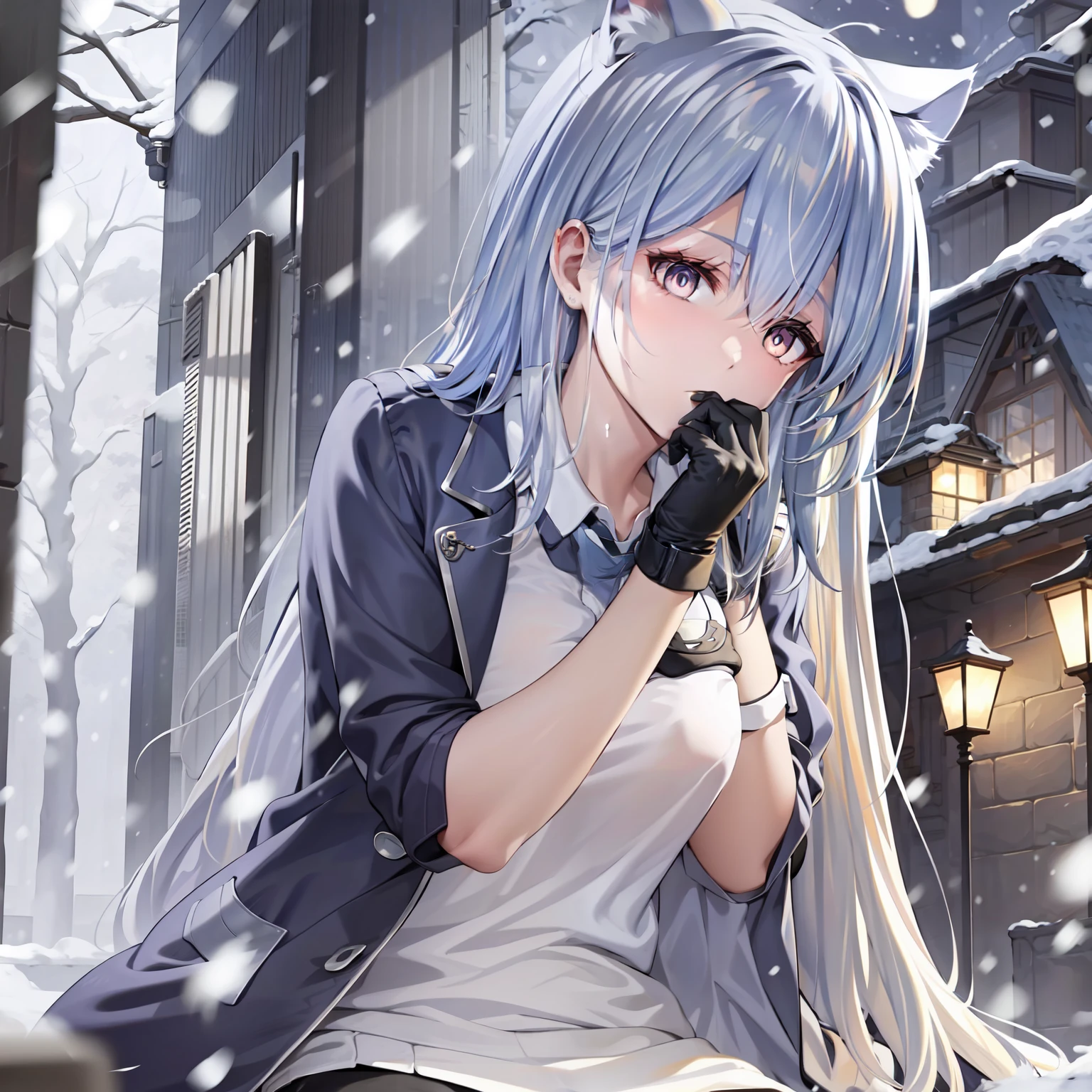 Girls, white hair,cat ears, jacket black and white, armband blue,school, night time,snowing, gloves