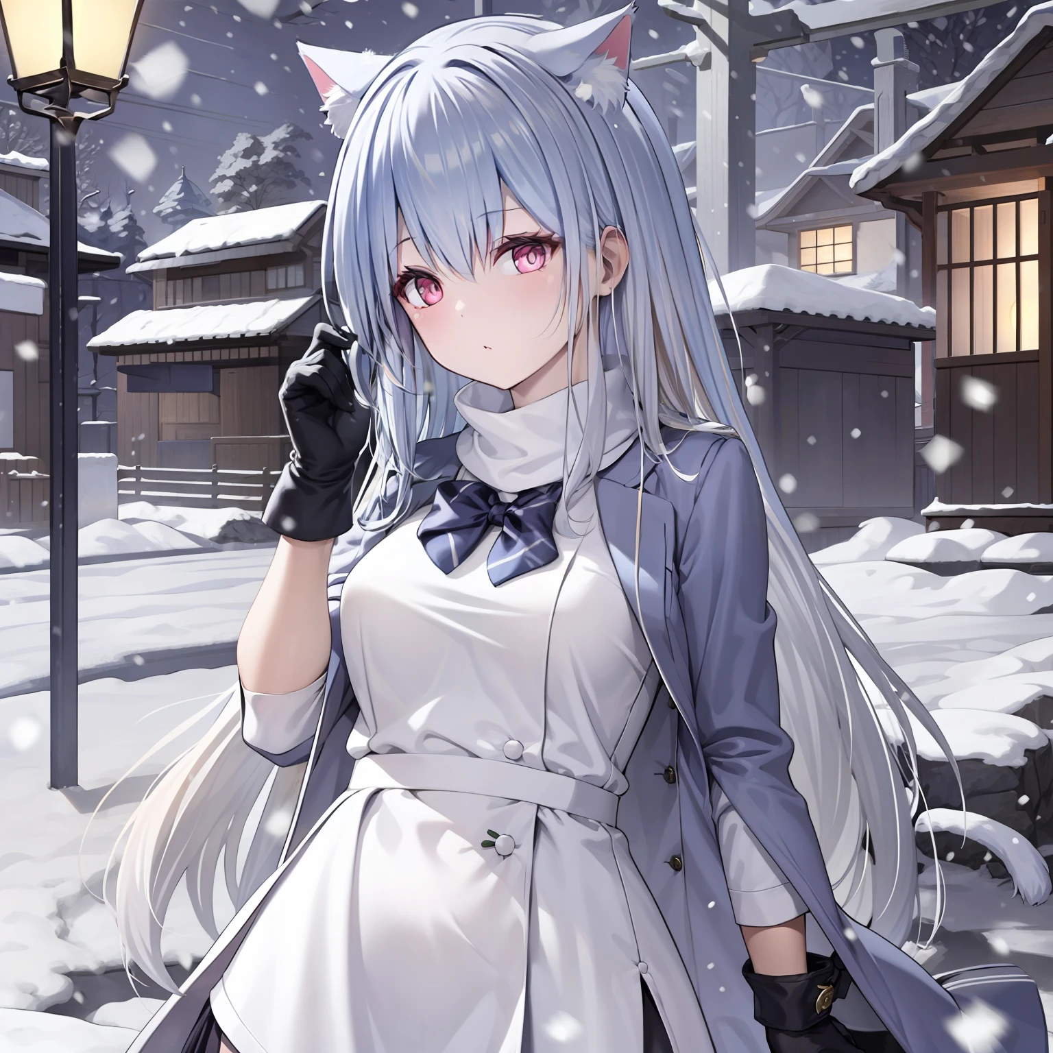 Girls, white hair,cat ears, jacket black and white, armband blue,school, night time,snowing, gloves