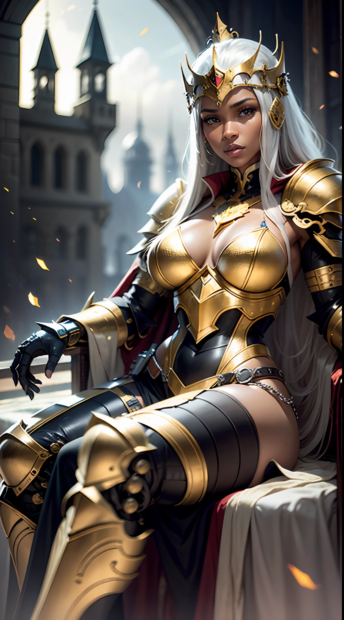 Ultra realistic , high resolution , ultra 8K , black woman , 30 years old , athletic body with black armor and gold color , King's clothing , a cybernetic King knight , Ultra resolution , Castle throne