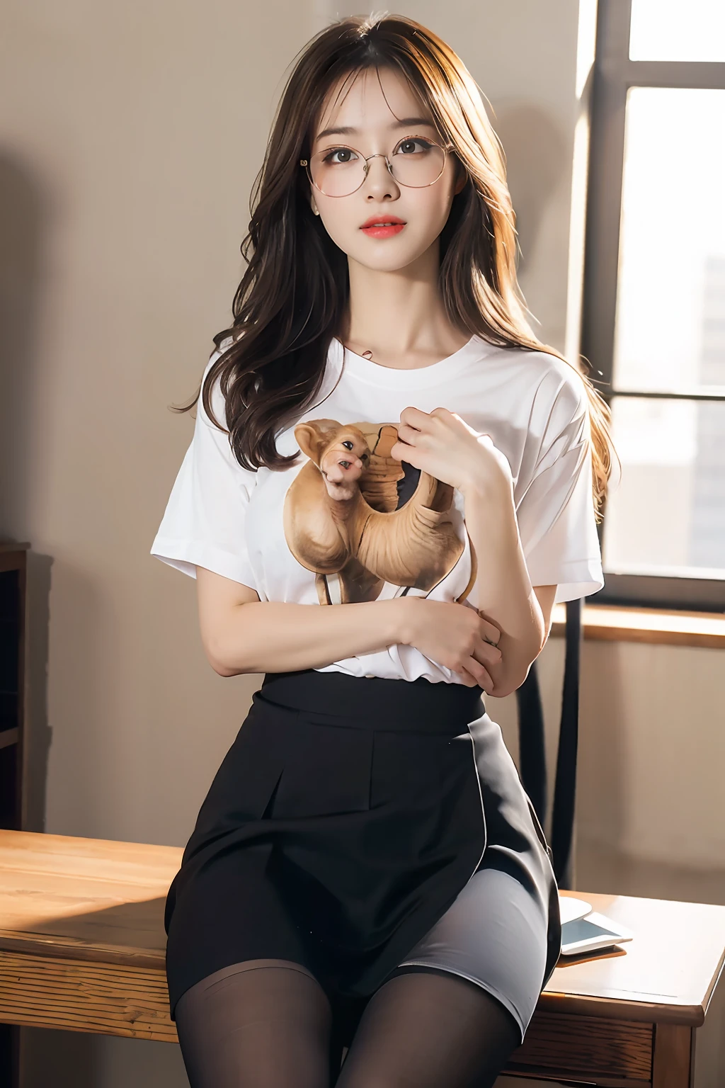 ulzzang-6500-v1.1,(raw photo:1.2), (photorealistic:1.4), beautiful detailed girl, very detailed eyes and face, beautiful detailed eyes, ridiculous, incredibly ridiculous, huge file size, super detailed, high resolution, very detailed, best quality, masterpiece, ((t-shirt)), illustration, very detailed, CG, unified, 8k wallpaper, amazing, fine details, masterpiece, Best quality, very detailed CG unified 8k wallpaper, face light, movie lighting, 1girl, , long white hair, side split, (big breasts), (no panties)), (with glasses), (dynamic pose), (sexy pose), ((camel toe))), (half), ((pantyhose)), ((black hip skirt)), (bent knees)))))