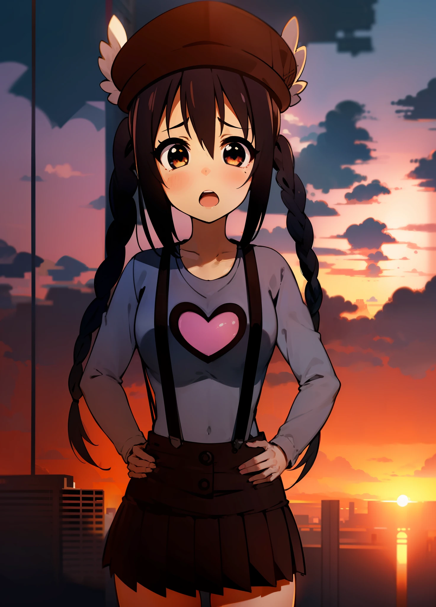 1girl, (((masterpiece))), top-quality, top-quality, High Details, nakano azusa, 1girl, Twin-tailed, length hair, A dark-haired, brown-eyed, Gray T-shirt.suspenders.a black skirt.illustratio, comic strip, soothing tones, Subdued Color, Soft cinematic light, adobe lightroom, photolab, HDR, intricately and hyper-detailed、(((depth of fields))))。(((masterpiece)))。(((top-quality))).)((ultra-detailliert)))。(((illustratio)))。(((takeout))).dynamic focus.big breasts.(((Skyscrapers))).(((A city scape))).(((Face of sadness))). open mouth.(((put hands on the hip))).(((up chest))).((evening glow)).((the setting sun)).(((Heart on chest))).Feathered hat