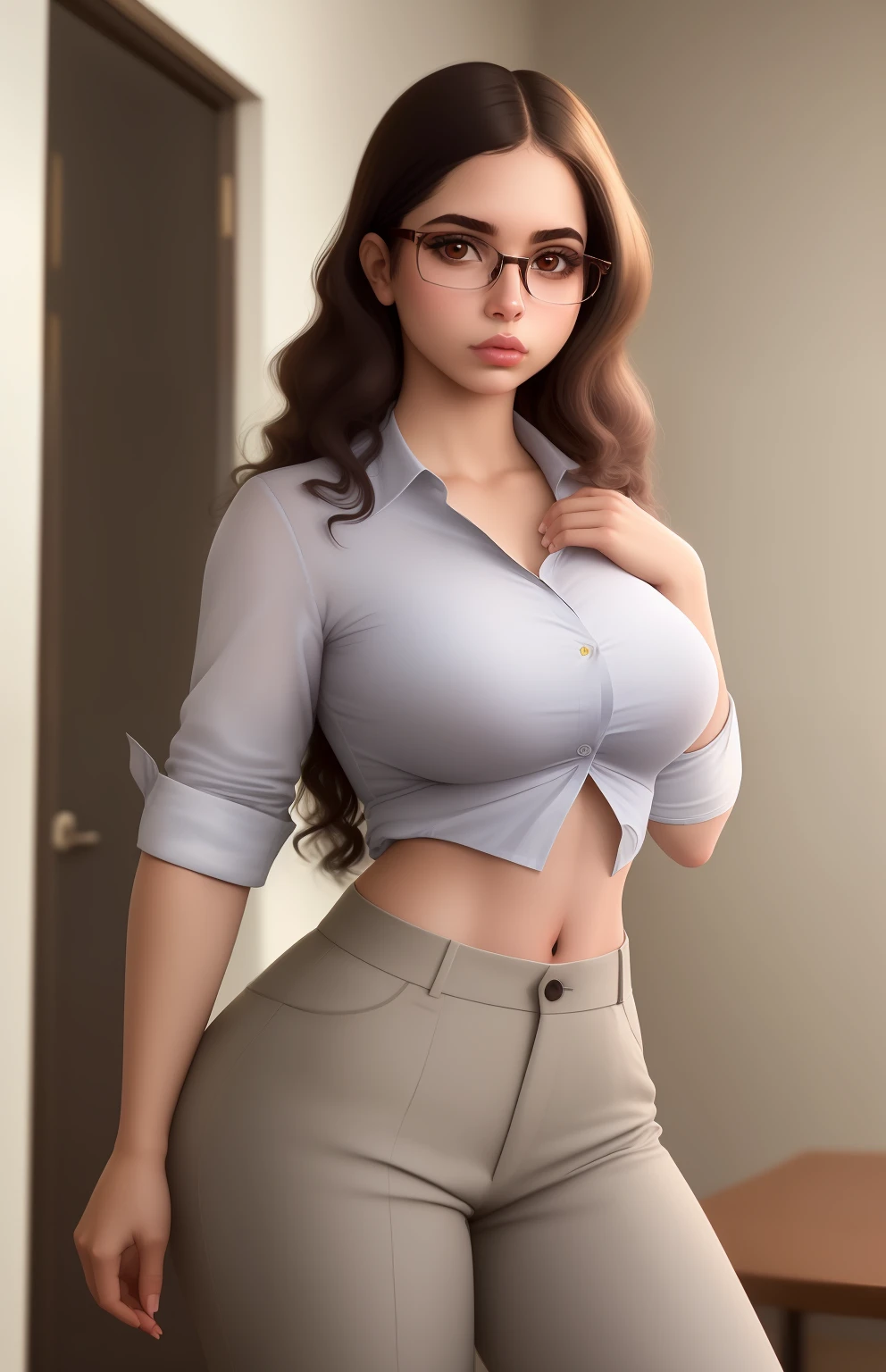 adulta nova, Camisa cropped, Slacks, SFW, coxas perfeitas, latina Meninaos perfeitos, Pale girl, glasses, fleshy lips, cachos, menina solo,a