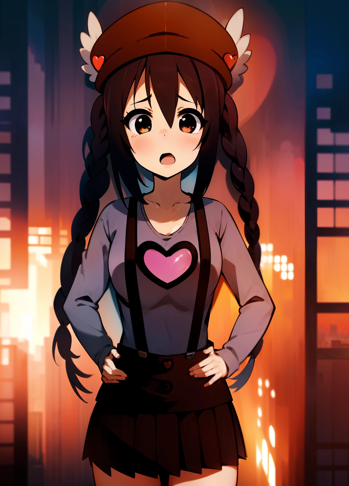 1girl, (((masterpiece))), top-quality, top-quality, High Details, nakano azusa, 1girl, Twin-tailed, length hair, A dark-haired, brown-eyed, Gray T-shirt.suspenders.a black skirt.illustratio, comic strip, soothing tones, Subdued Color, Soft cinematic light, adobe lightroom, photolab, HDR, intricately and hyper-detailed、(((depth of fields))))。(((masterpiece)))。(((top-quality))).)((ultra-detailliert)))。(((illustratio)))。(((takeout))).dynamic focus.big breasts.(((Skyscrapers))).(((A city scape))).(((Face of sadness))). open mouth.(((put hands on the hip))).(((up chest))).((evening glow)).((the setting sun)).(((Heart on chest))).Feathered hat