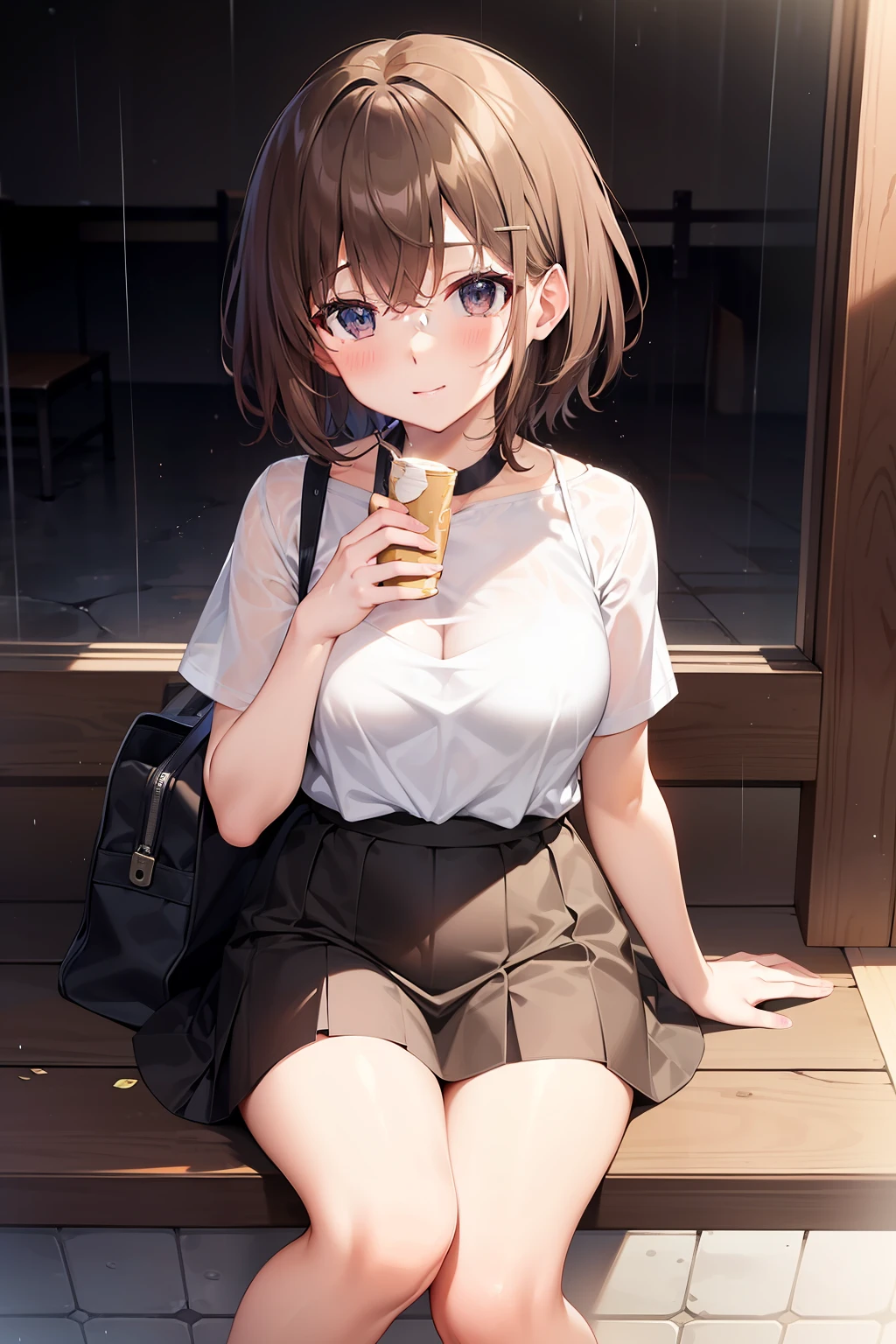 150cm D Cup Short Hair　Clothes are sheer　Brown hair　look at a camera　rain is falling　takeout　Sheltering from the rain　Elementary school girl　12 Sai Onnanoko