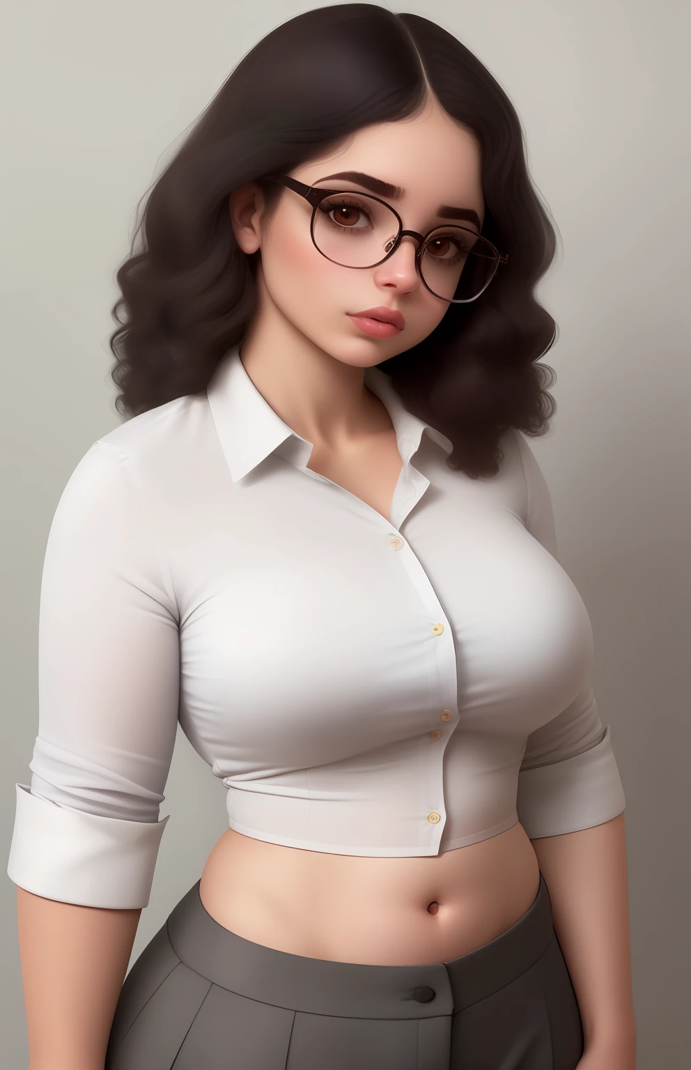 adulta nova, Camisa cropped, Slacks, SFW, coxas perfeitas, latina Meninaos perfeitos, Pale girl, glasses, fleshy lips, cachos, menina solo,a
