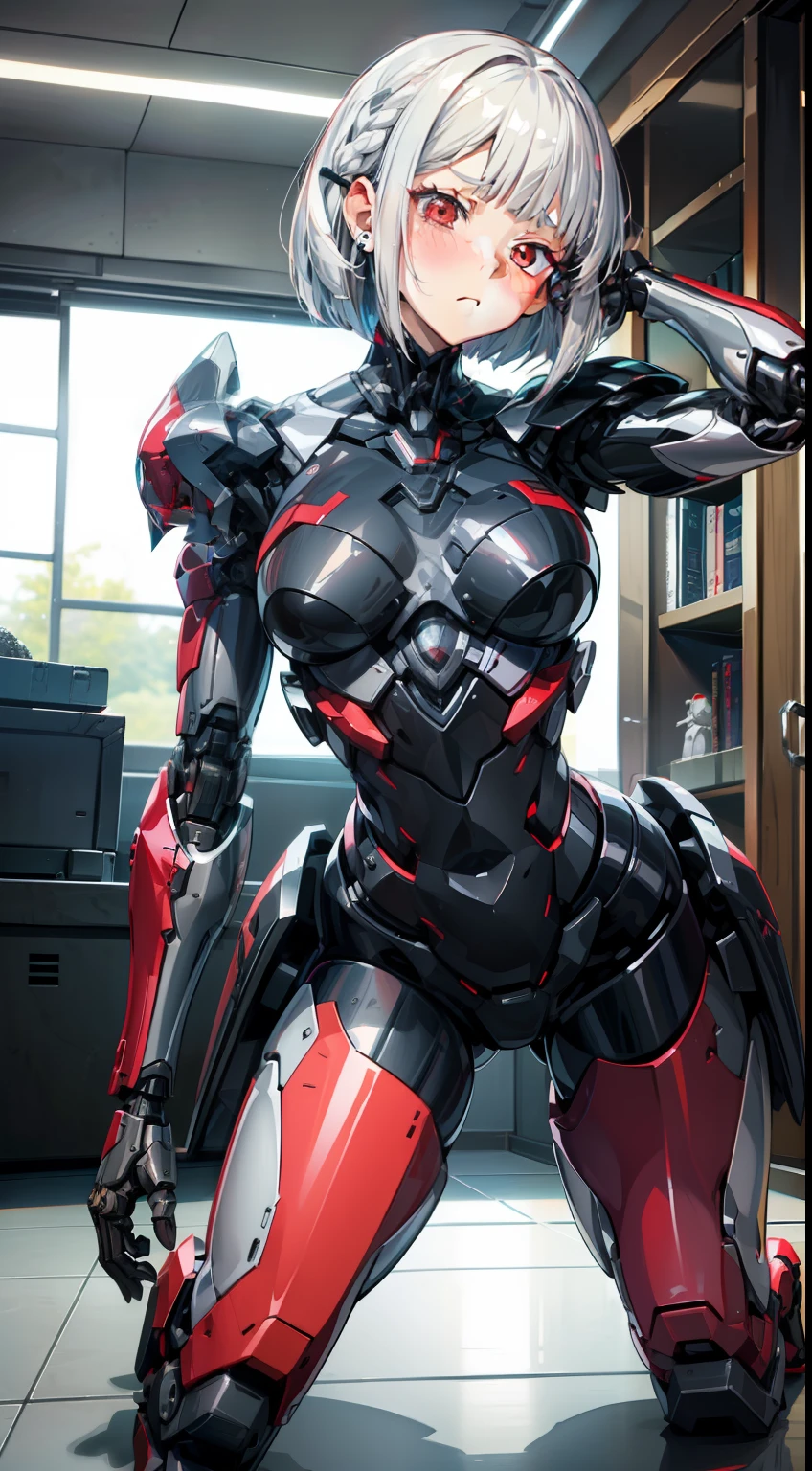 1 girl's full body, Silver hair, Red eyes, Bob cut, Braid, (Facing forward)), ((Put your hands on your face)), (Surprised), (Blush), Android, Gynoid, Mecha girl, Ball joints, Indoors, Kneeling, concept-art, beautiful anime scenes, beautiful anime scenery, top rating on pixiv, Highest quality, 4K