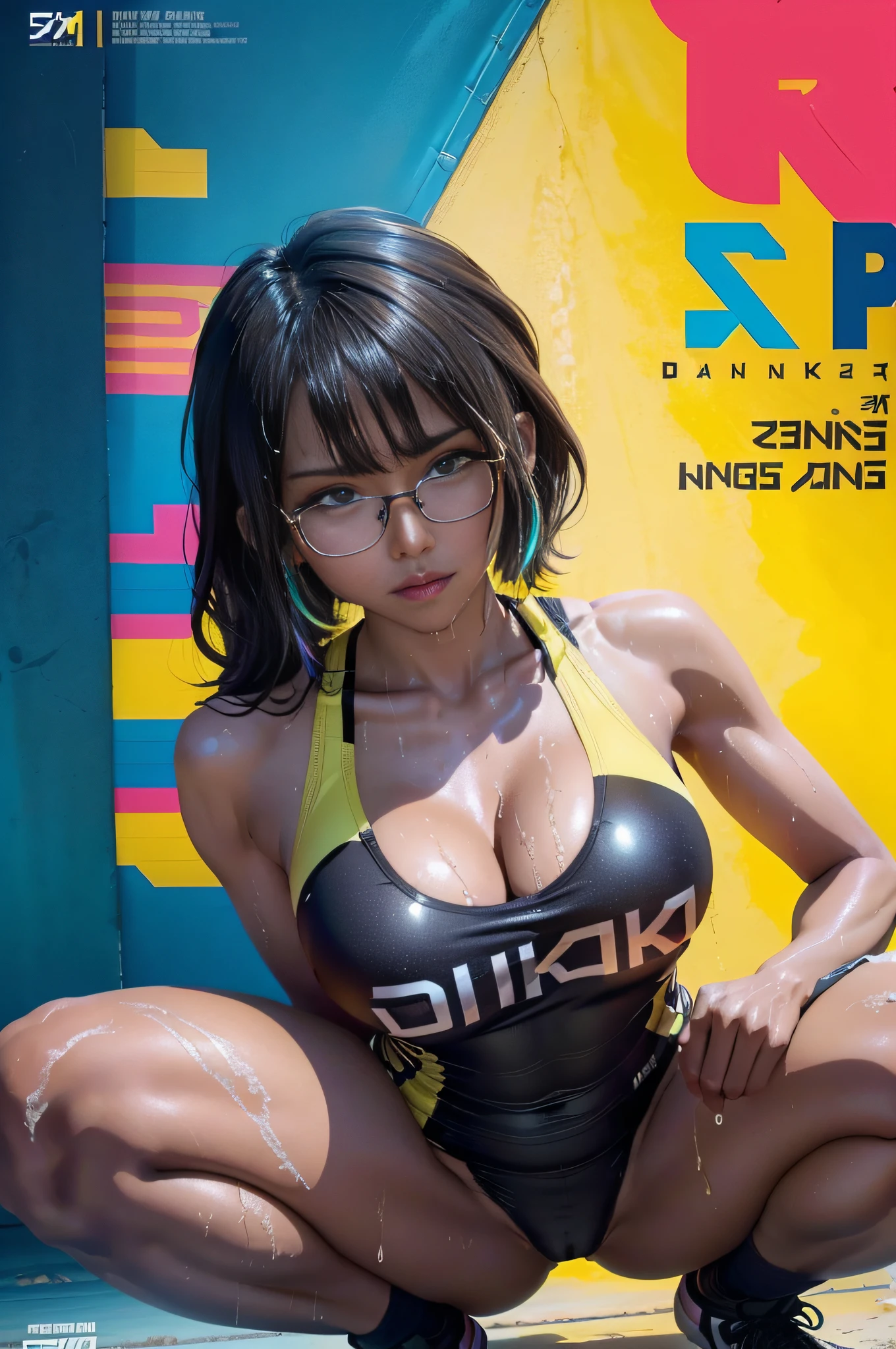 Squatting!、dynamicposes、legs spread out、eye glasses、darkskin、Adidas Logo、(lightsmile:1.07),cyberpunked、Sleeveless、(Shiny colorful beach volleyball costume)、(magazine:1.3), (cover-style:1.3),(Dripping wet body:1.15)、Hands behind your back(FULL BODYSHOT)、((masterpiece))、 super fine face and eyes,Colorful Korean Idol Hairstyles,