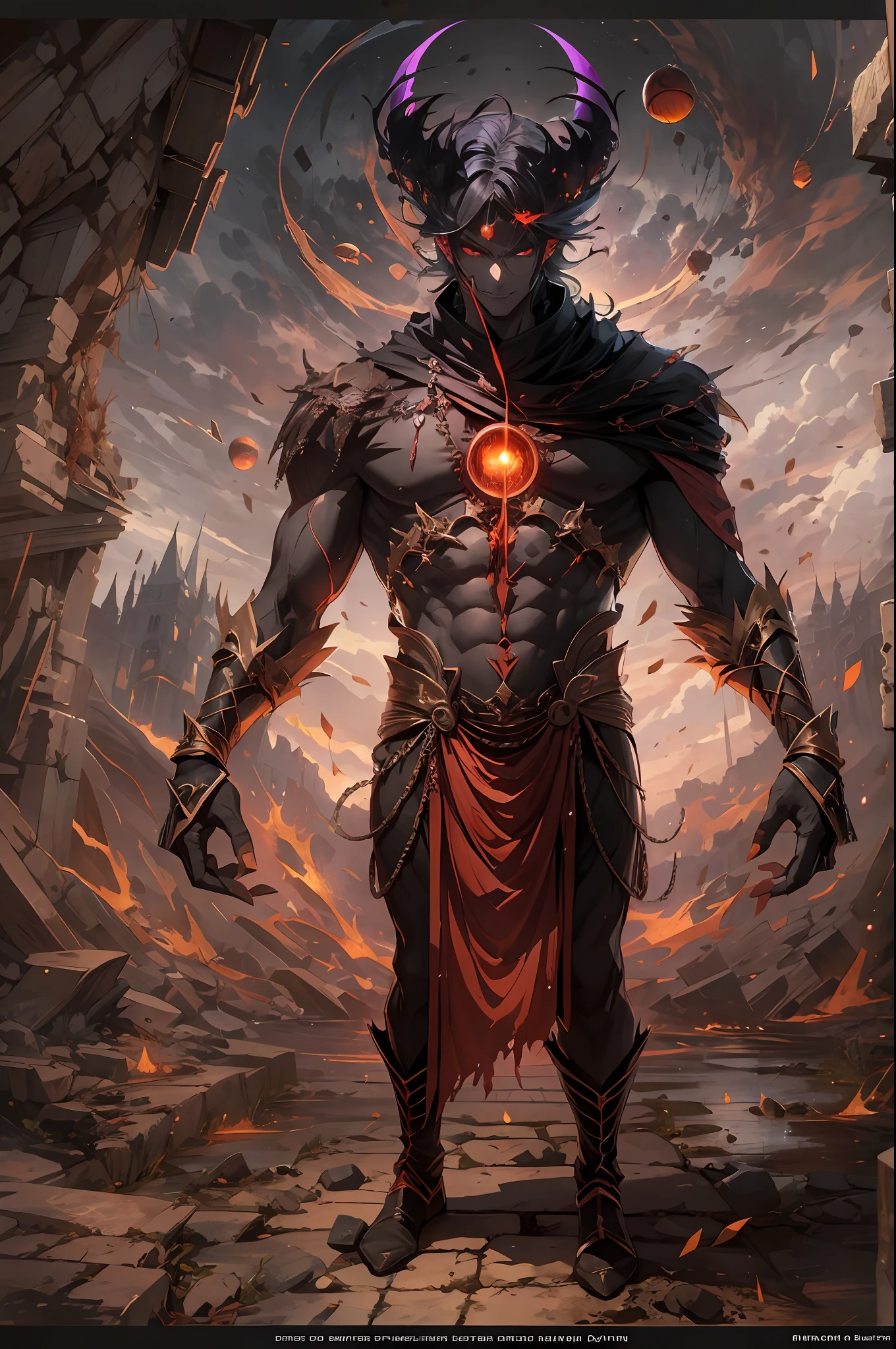 (absurdos, Altas Resoluciones, Ultra detallado, HDR), Obra maestra, La mejor calidad, Un hombre calvo sentado en Demon con un ojo gigante, en mirada arrogante, solamente, hombre rudo, demon eyeball, globo ocular gigante, asqueroso, Ala de demonio negro, cuerno de demonio, guapo, Ojos rojos, ojo brillante, black robe, Pendiente y accesorio, pecho desnudo, cara arrogante, cuerpo completo, magic vortex, chispa, remolino, Aura negra, un cielo negro y nublado, abismo, Antecedentes abstractos, desde un lado, buscar, sonrisa malvada