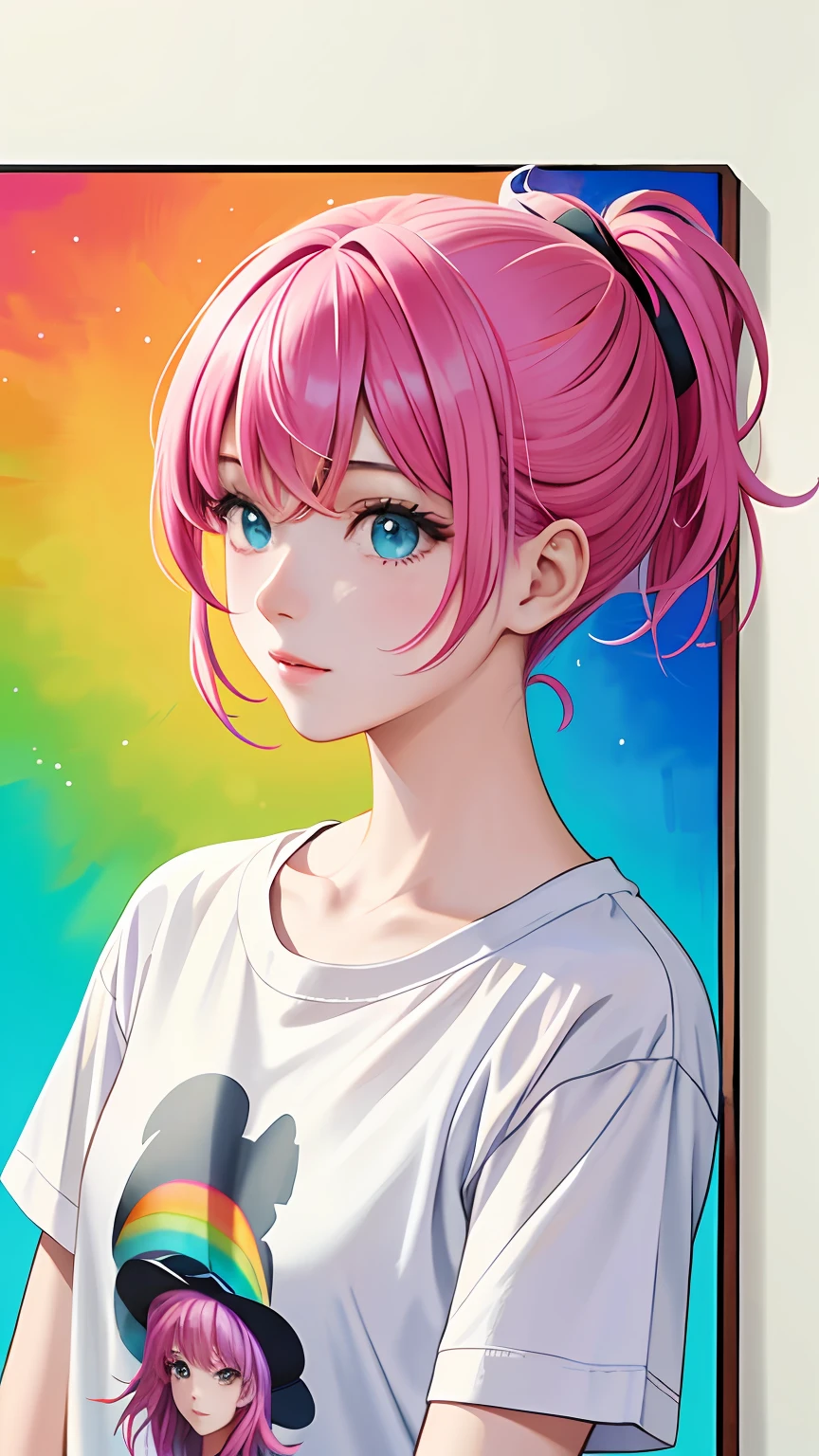 (Pink fashion T-shirt:1.9), (Colorful hair:1.8), (Rainbow all colors:1.8), ((((Vertical painting:1.6))), (painting of a:1.6), frontage, comic strip, painting of a, (rainbow color gradient high ponytail:1.7), illustration, reflection light, anime style, illustration, super detail, high details, best quality, 8k, ccurate, masterpiece