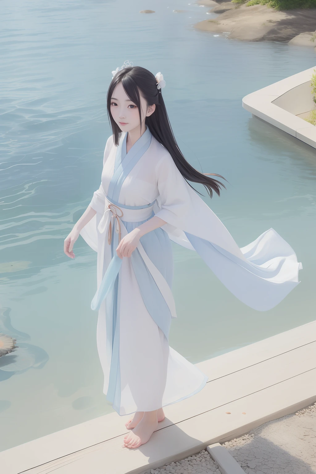 ((4k,masterpiece,best quality)), shuimobysim, traditional chinese ink painting, lotus, hanfu, maxiskit, dress conservatively 1girl, solo, long blue hair, smile, standing, feet in the water, barefoot,