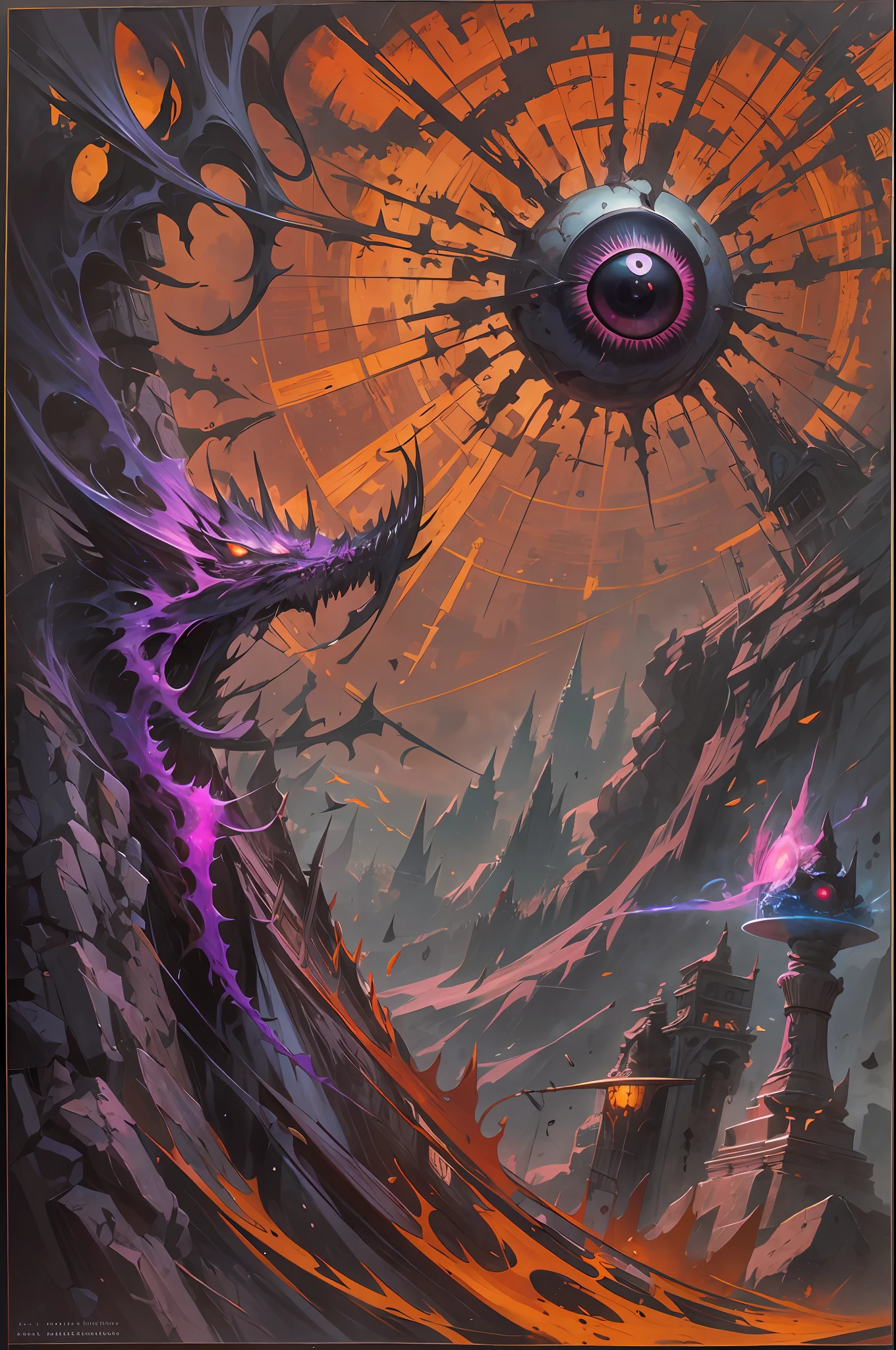 (absurdos, Altas Resoluciones, Ultra detallado, HDR), Obra maestra, La mejor calidad, Un hombre calvo sentado en Demon con un ojo gigante, en mirada arrogante, solamente, hombre rudo, demon eyeball, globo ocular gigante, asqueroso, Ala de demonio negro, cuerno de demonio, guapo, Ojos rojos, ojo brillante, black robe, Pendiente y accesorio, pecho desnudo, cara arrogante, cuerpo completo, magic vortex, chispa, remolino, Aura negra, un cielo negro y nublado, abismo, Antecedentes abstractos, desde un lado, buscar, sonrisa malvada