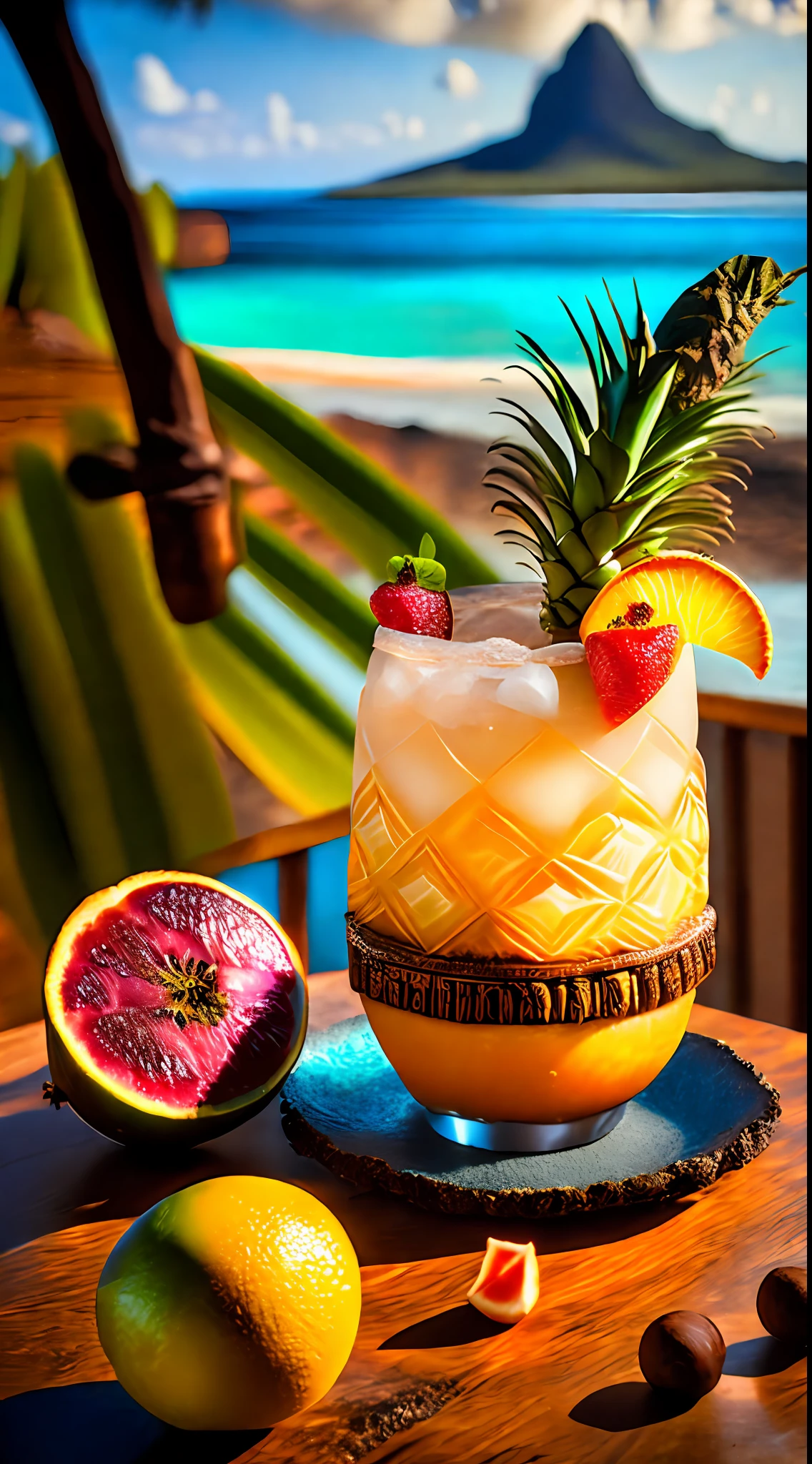 obra maestra,incredible, DSLR Professional Photography, intrincado, Exotic Hawaiian Tiki cocktail, exotic fruits, Ron y botellas de whisky en
fondo, panorama view,Barra Tiki completa, Campo de profundidad, Epic resolution, Epic Quality, Epic sharpness, Intrincada epopeya, {Tikiai .5),